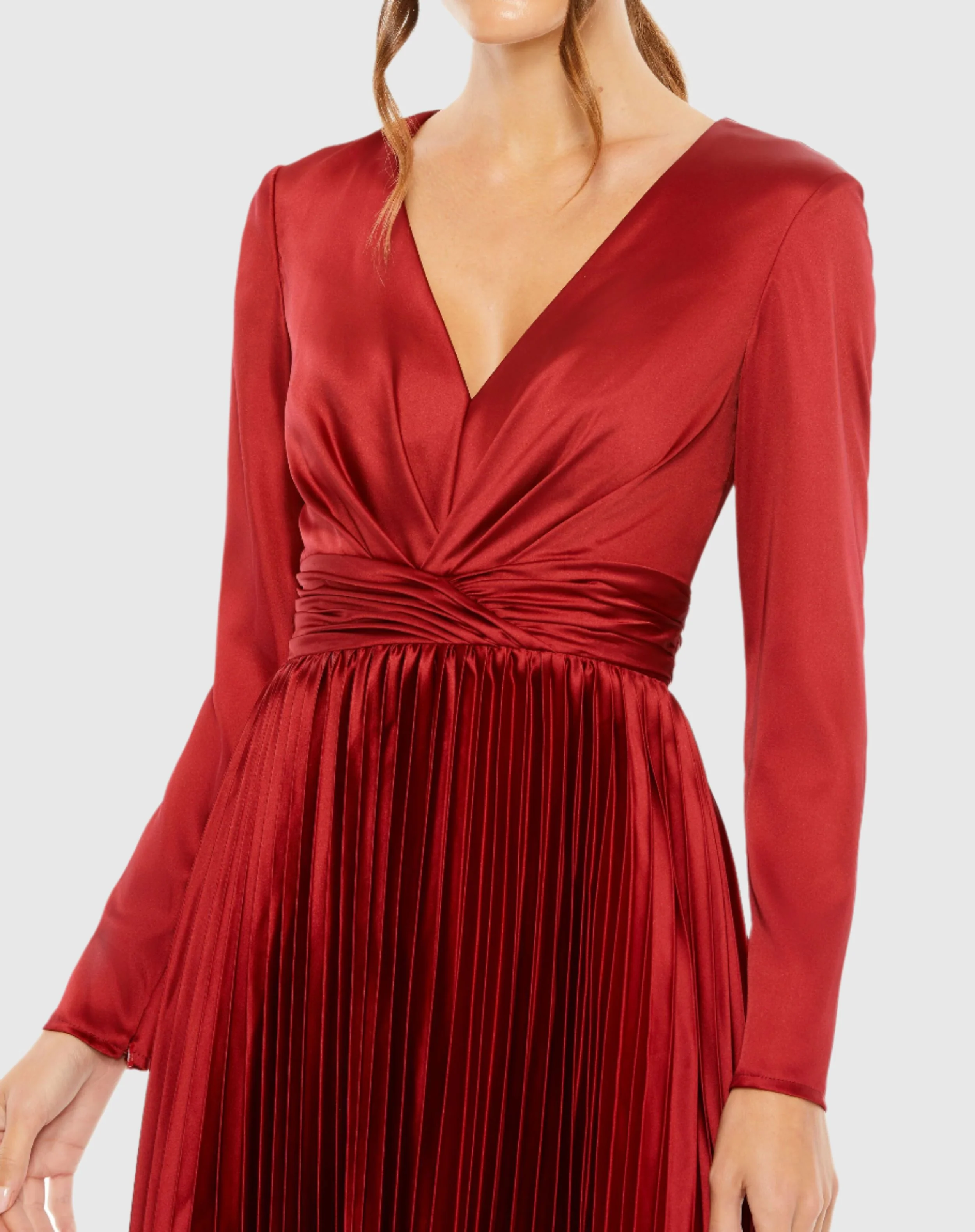 Deep Red Pleated Long Sleeve V Neck Dress