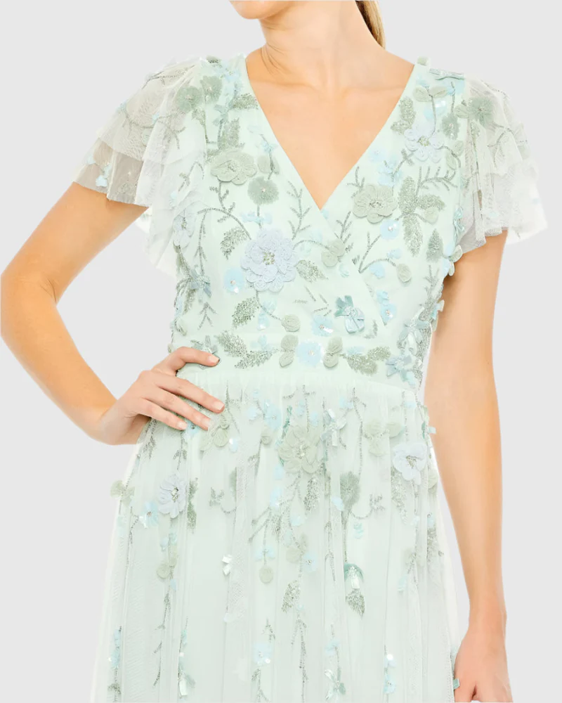 Floral Embellished Faux Wrap Gown