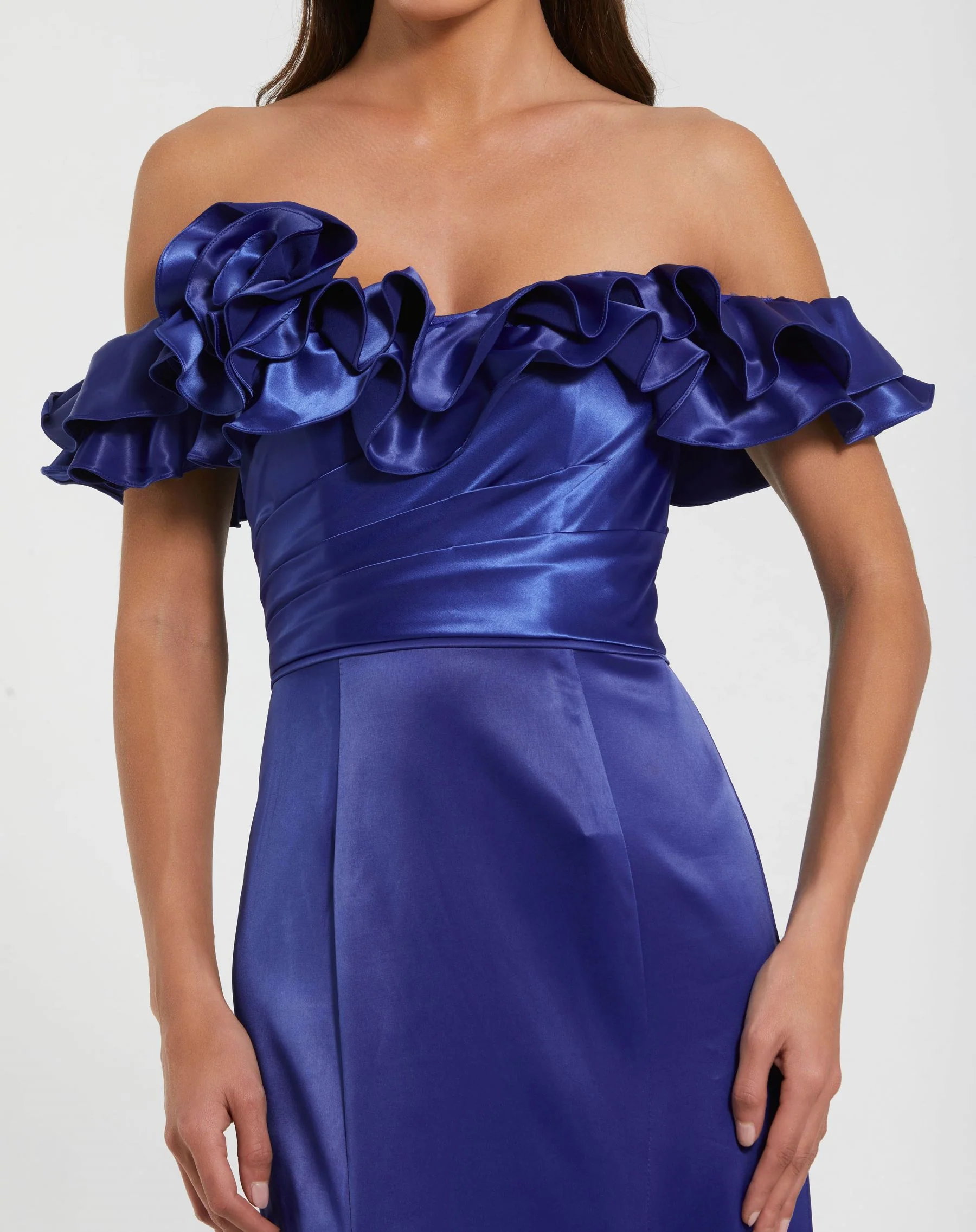 Satin Ruffle Off the Shoulder Gown