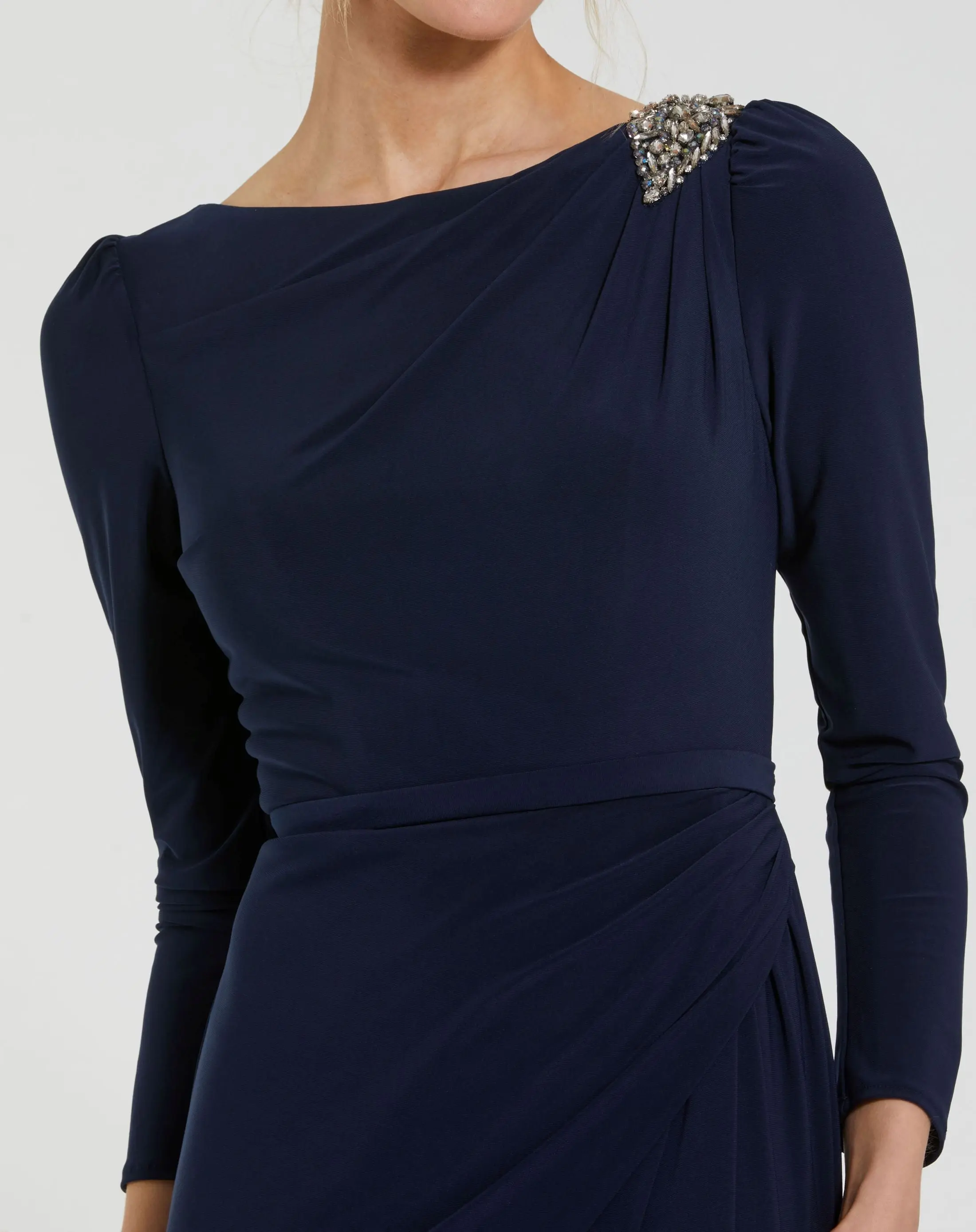 Draped Bateau Long Sleeve Gown