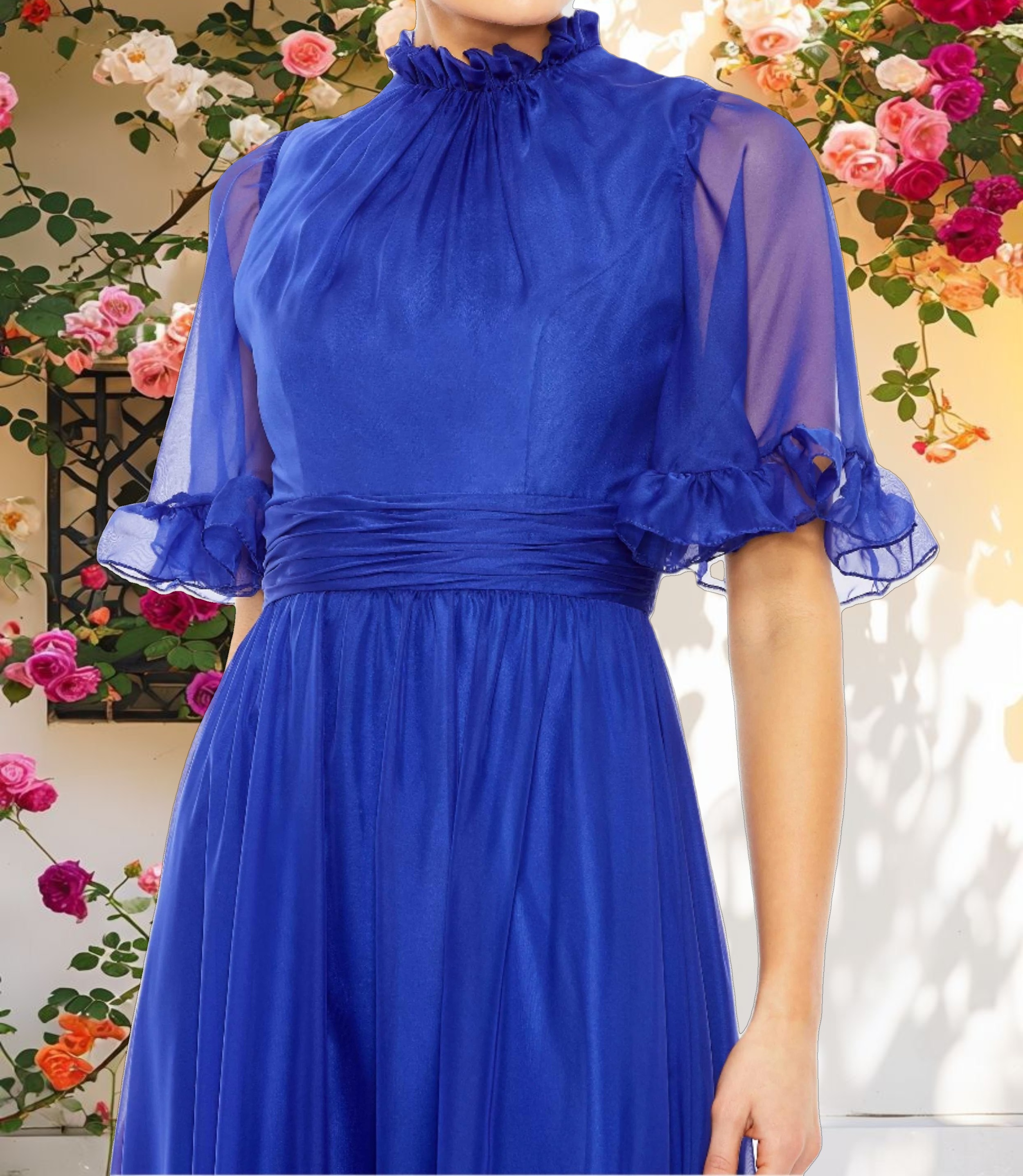 Ruffled Mock Neck Flutter Sleeve Gown