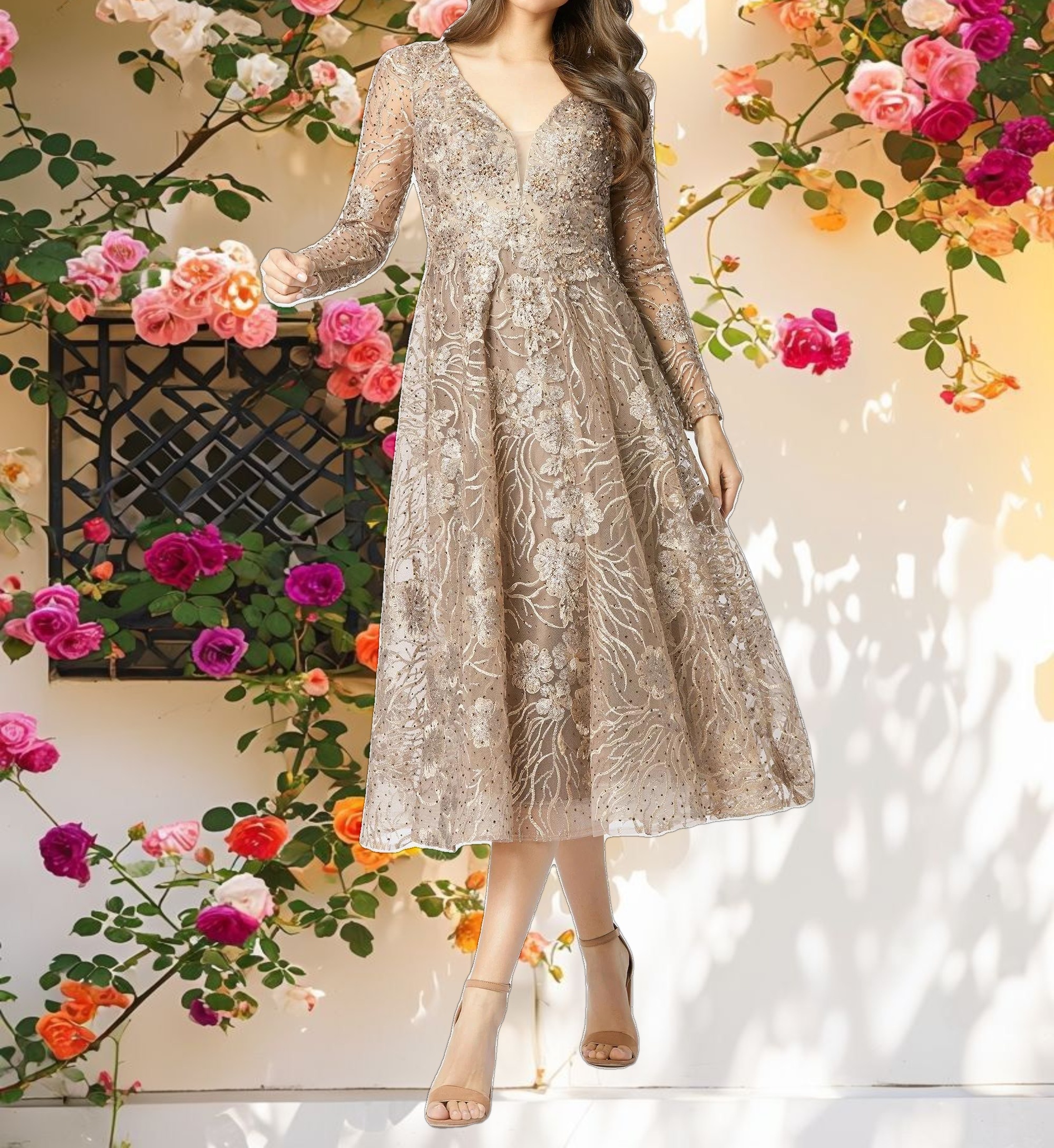 Stitched V-Neck Illusion Long Sleeve Midi