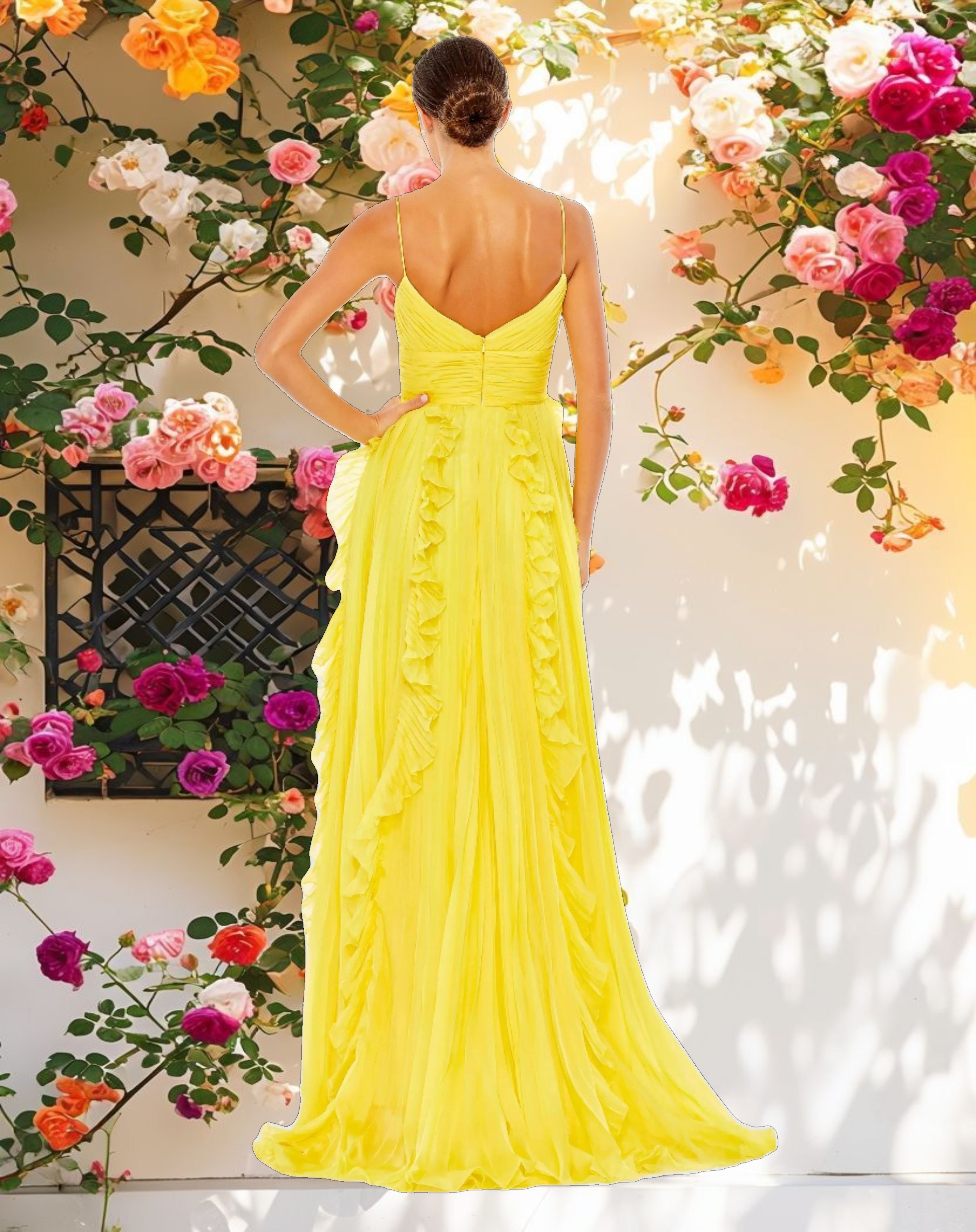 Yellow Pleated Sleeveless Flowy Gown