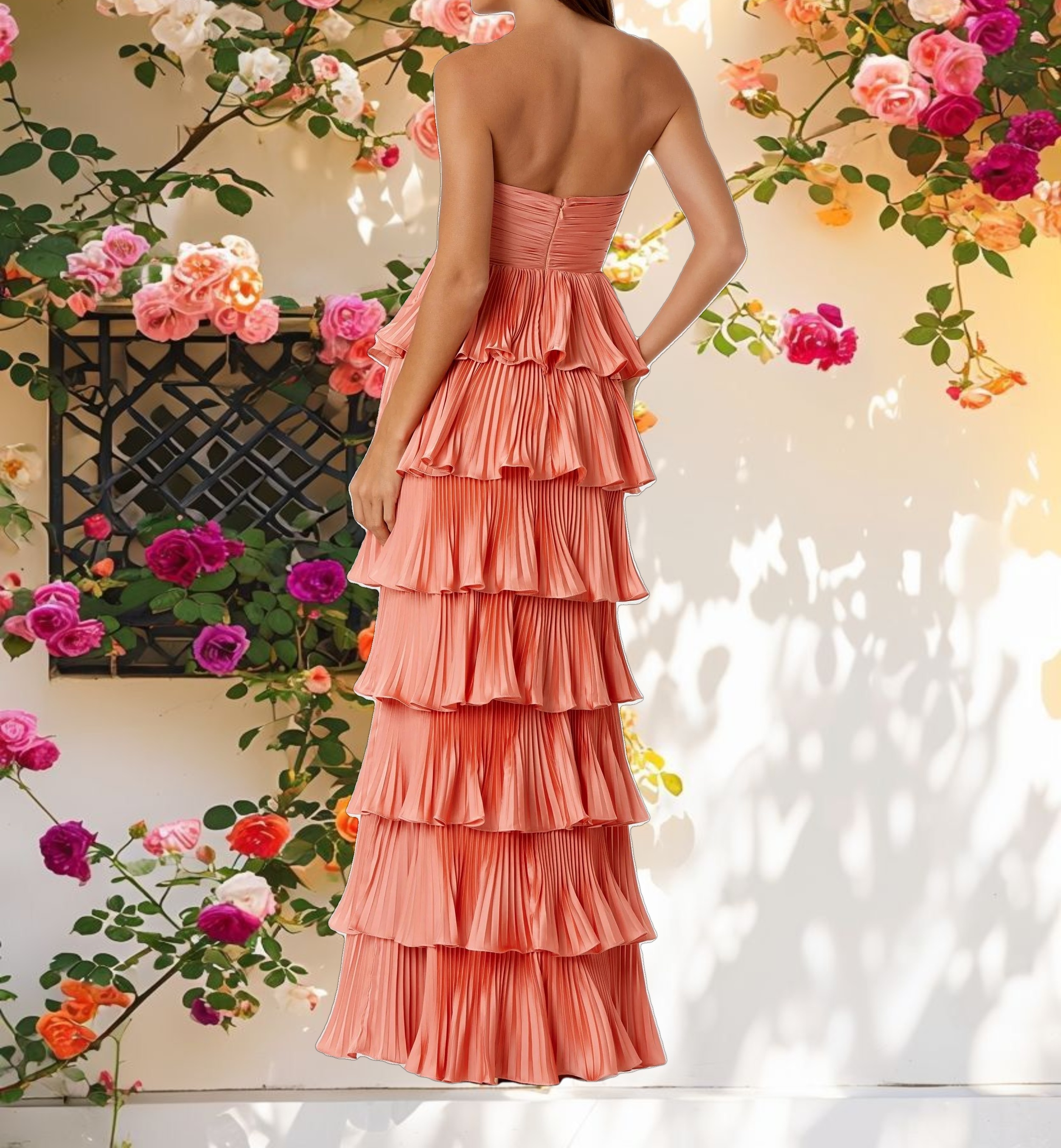 Pleated Charmeuse Strapless Tiered Ruffle Gown