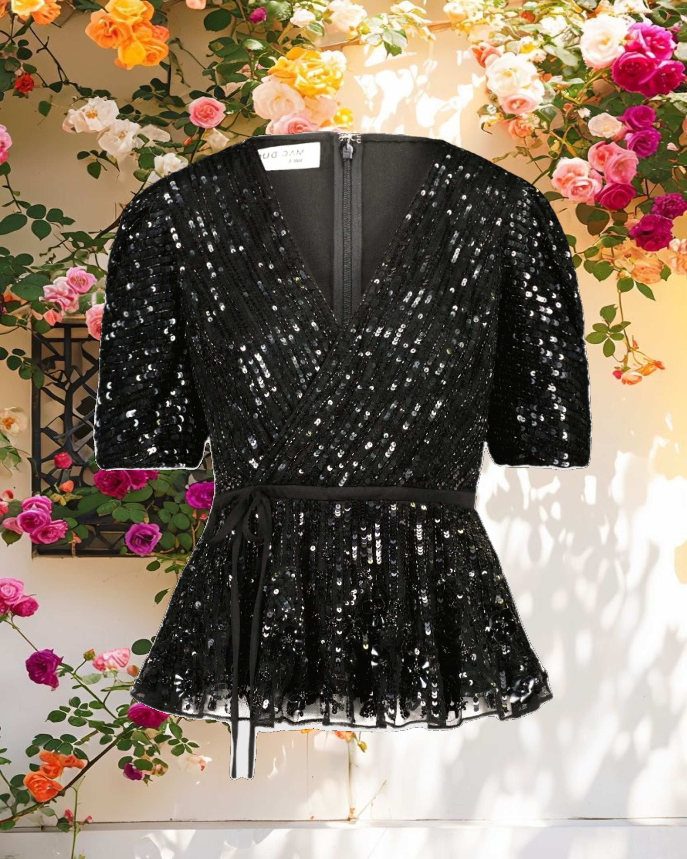 Black Sequined Puff Sleeve Faux Wrap Top
