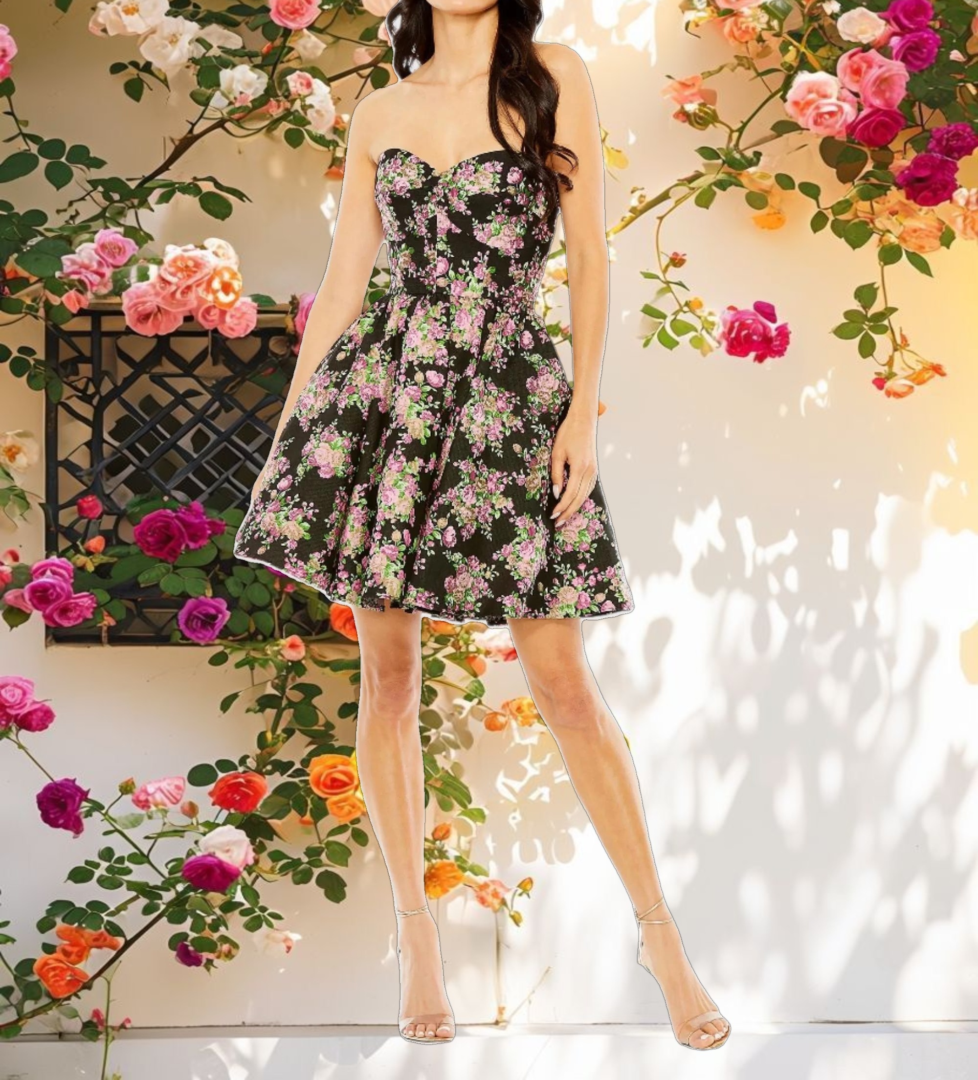 Black Strapless Brocade Mini Dress