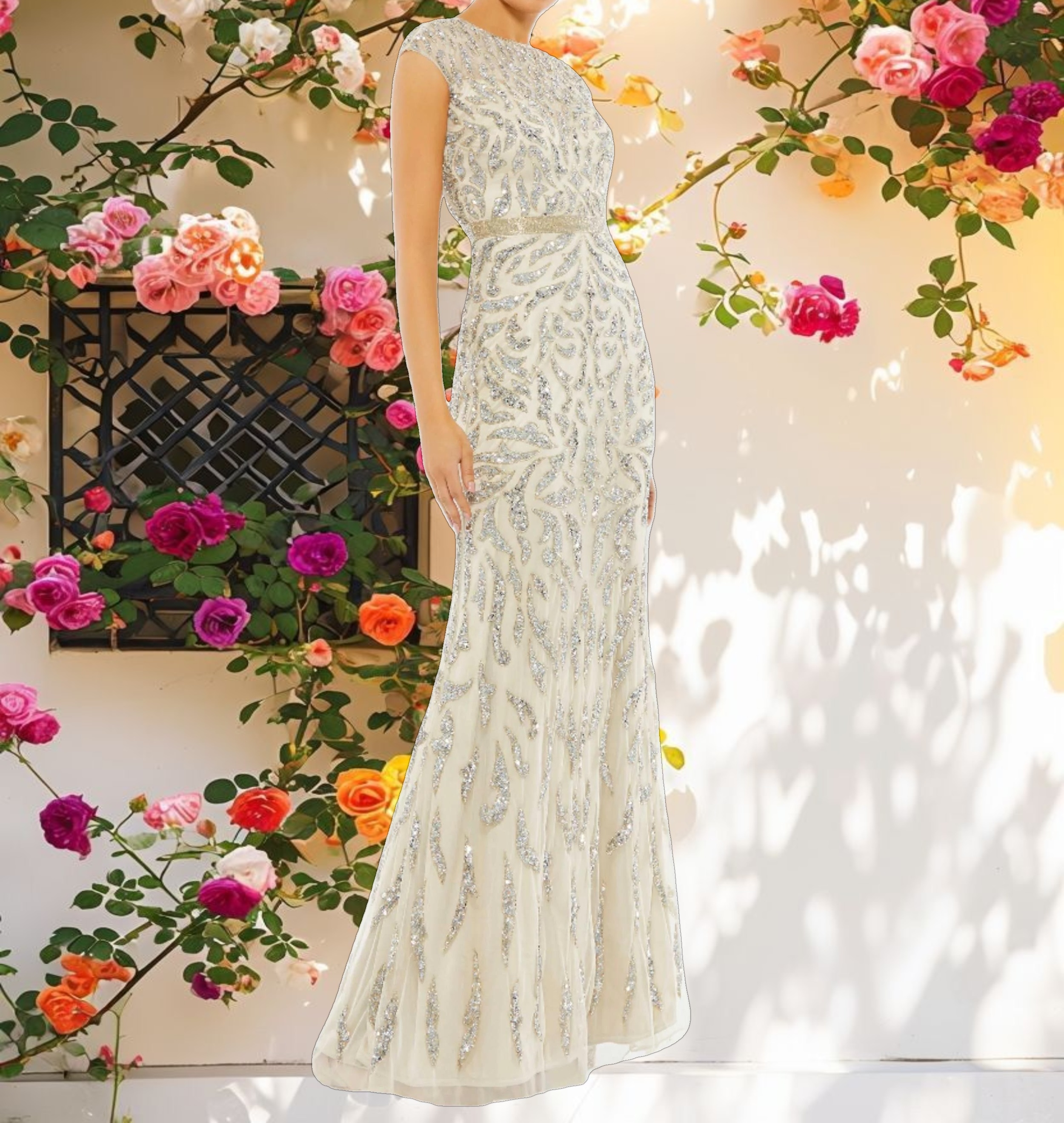 White and Silver Embellished Illusion Cap Sleeve Column Gown