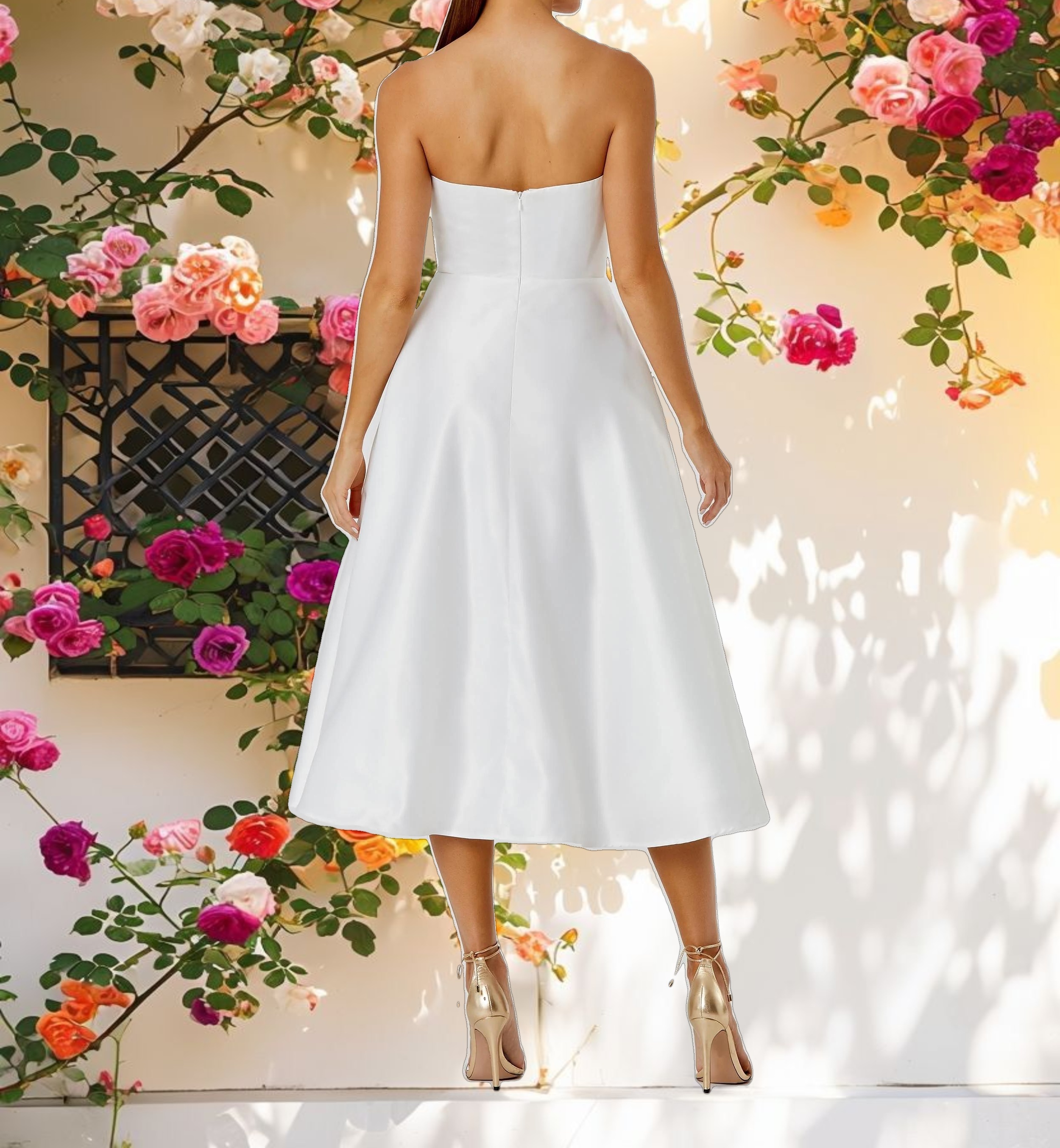 White Strapless Satin Midi Dress With Flower Print