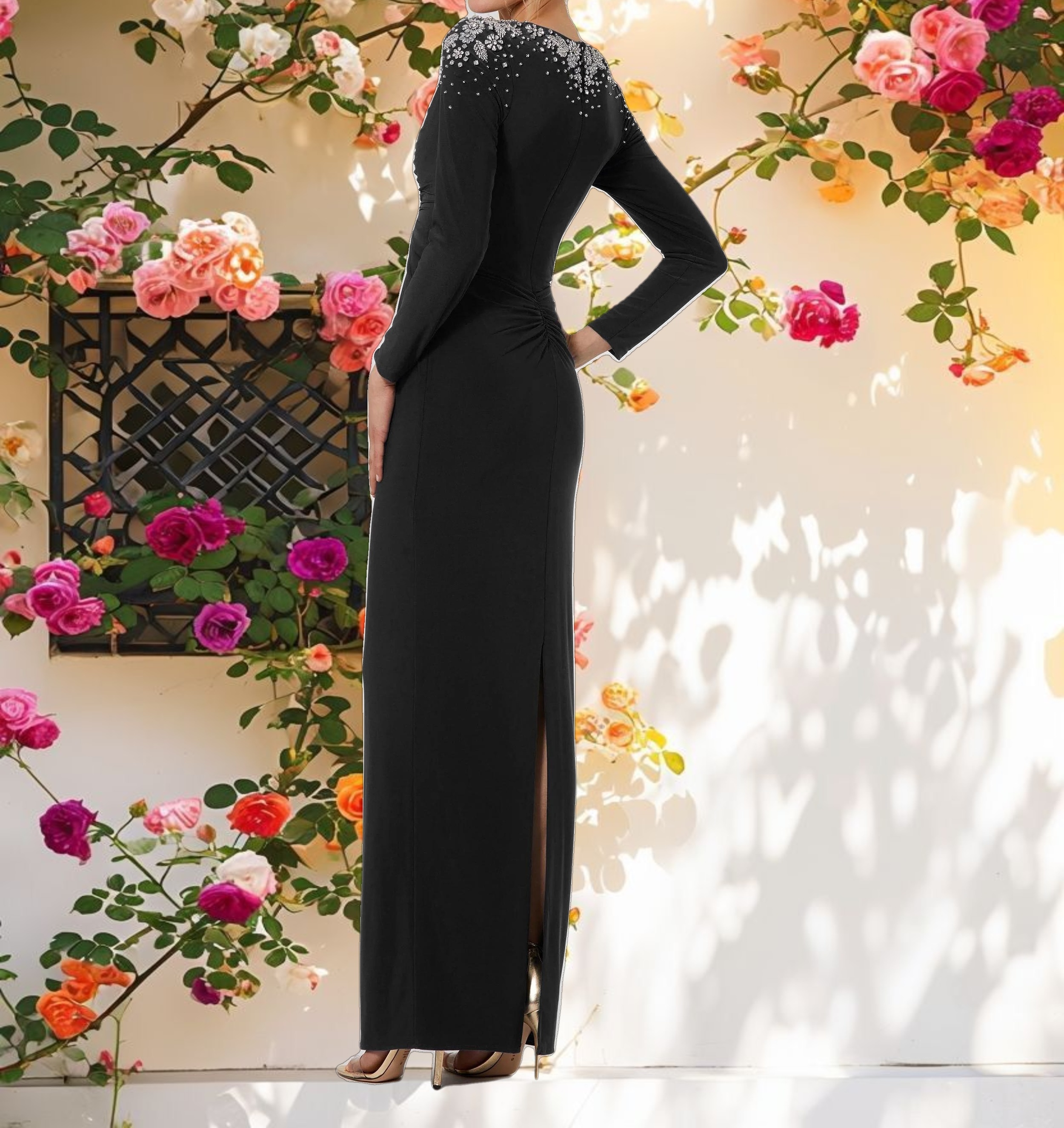 Black Jersey V Neck Faux Knot Gown With Beaded Shoulders