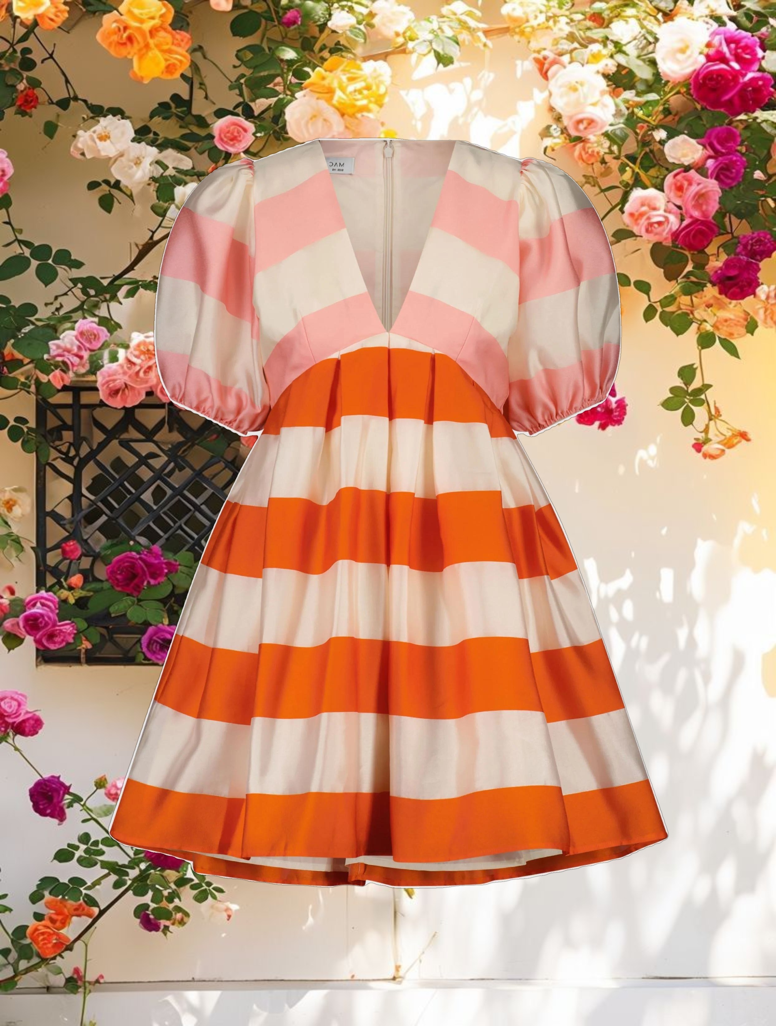 Silk Striped Balloon Sleeve Mini Dress