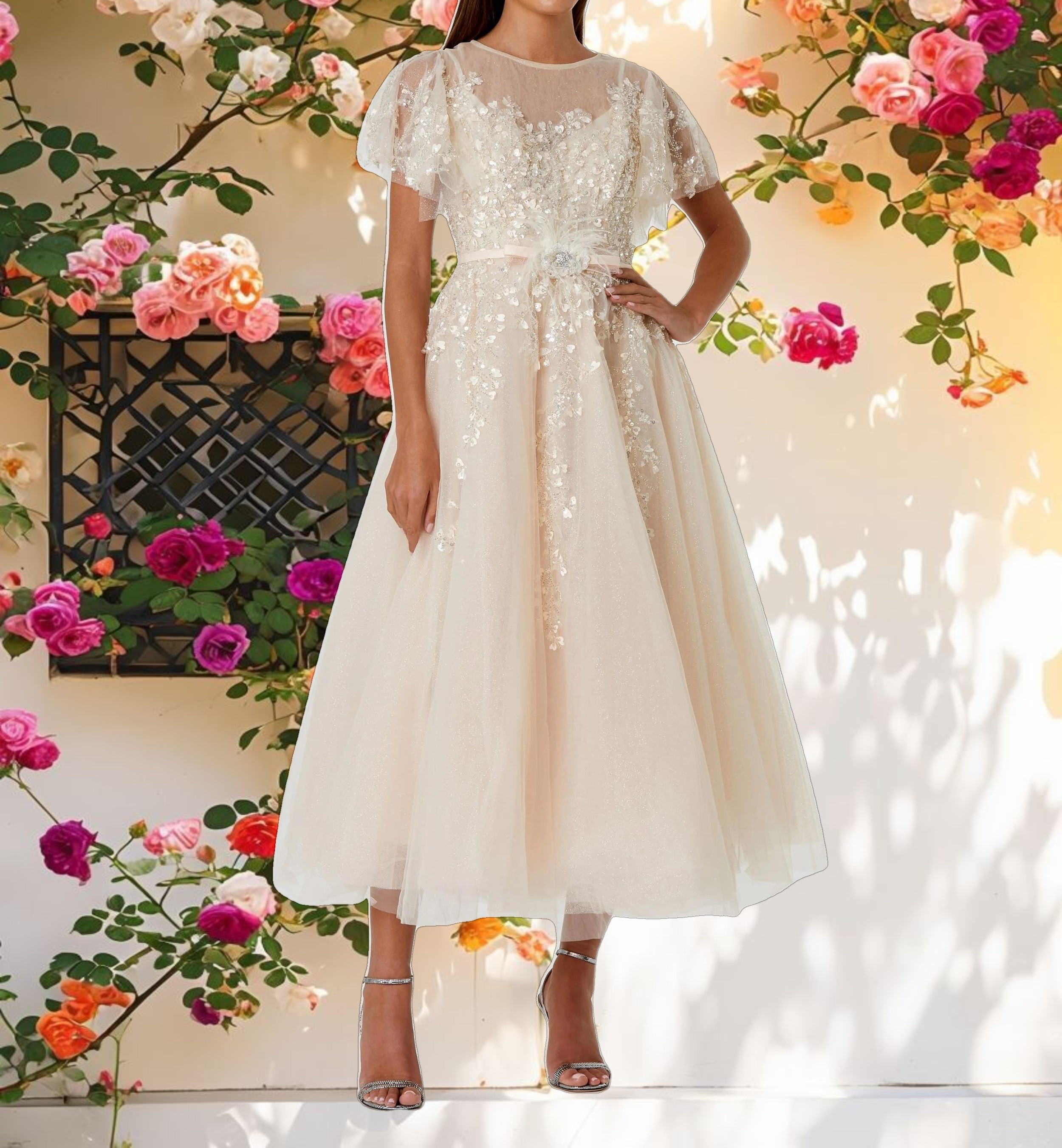 Beige Embellished Flutter Sleeve Bow Waist A Line Dress