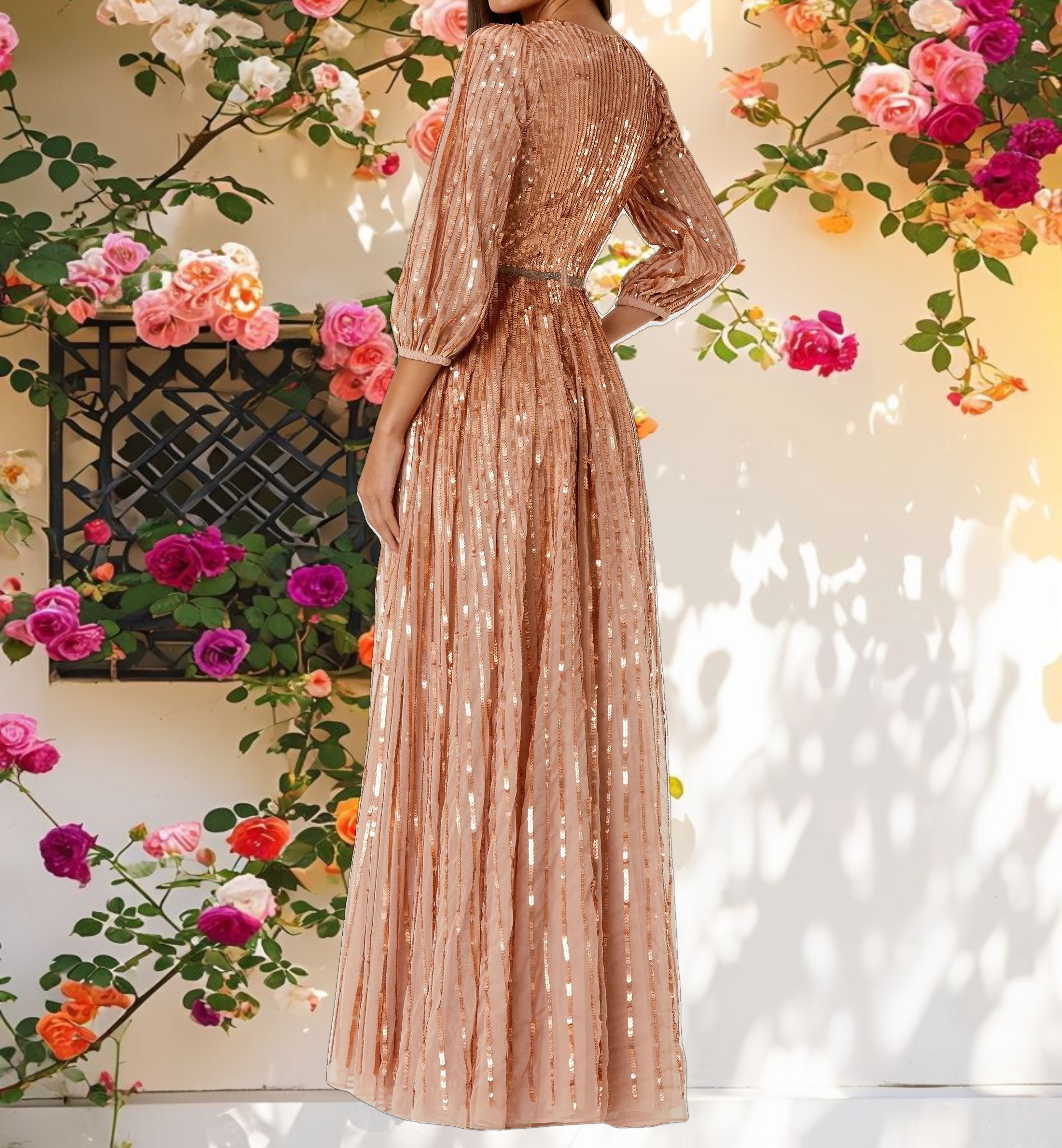 Pink Sequined Wrap Over 3/4 Sleeve Gown