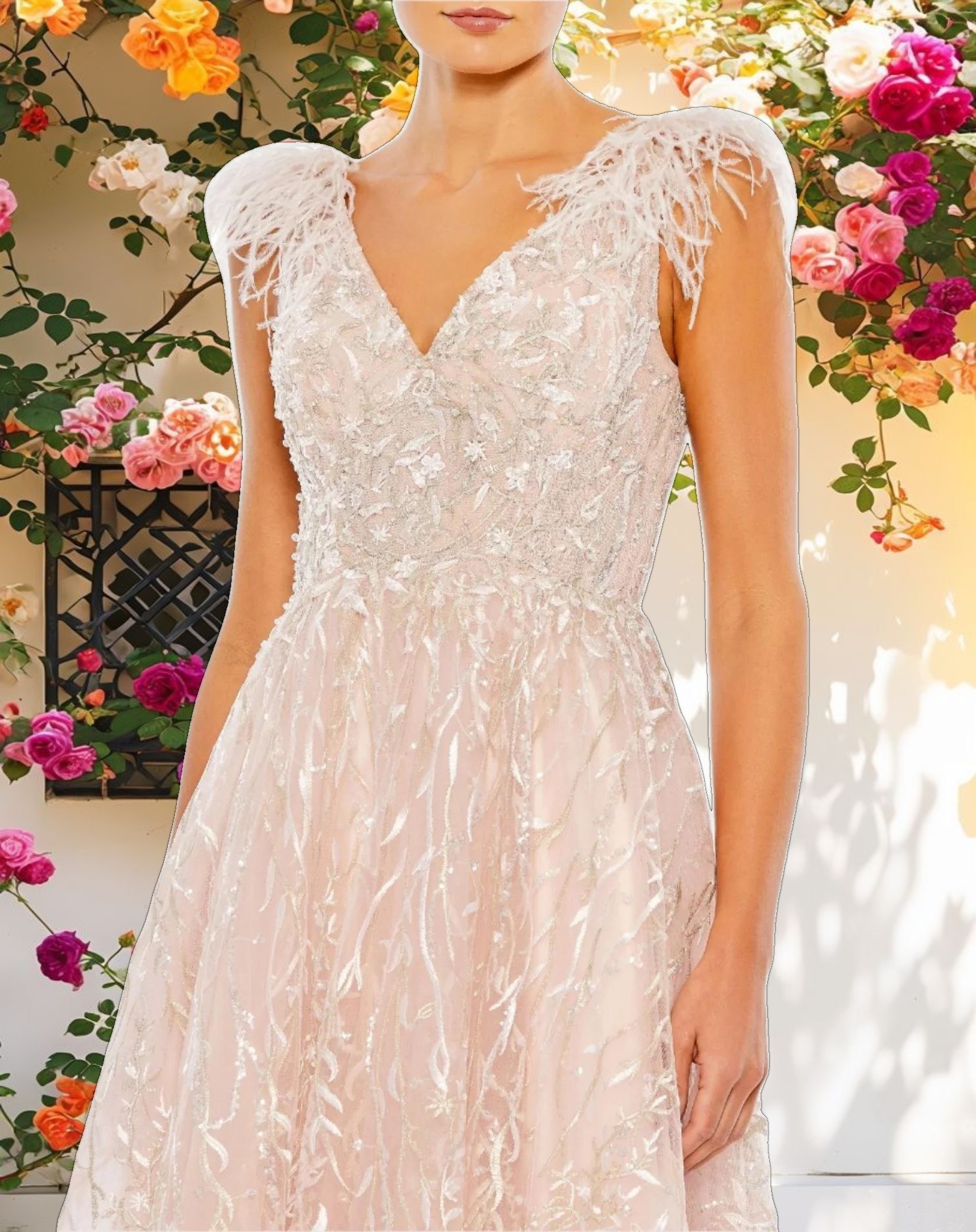 Pink Embroidered Sleeveless Feather Detail Midi Dress