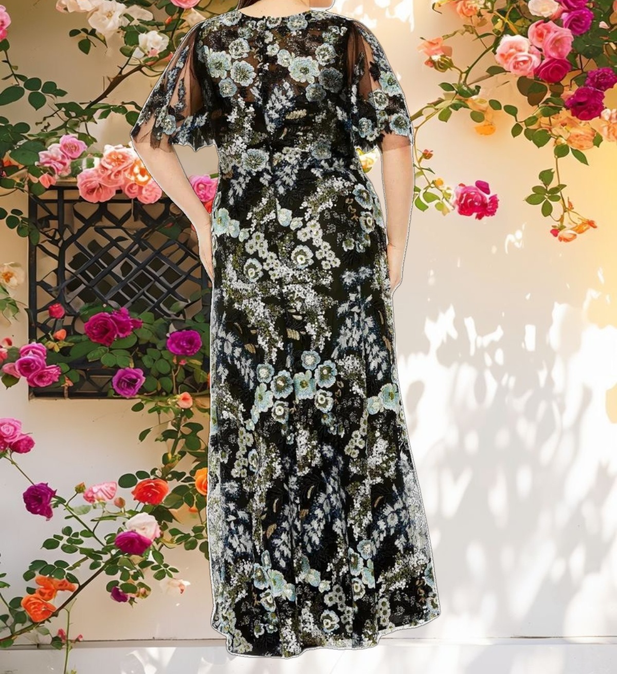 Sheer Sleeve V Neck Floral Embroidered Gown