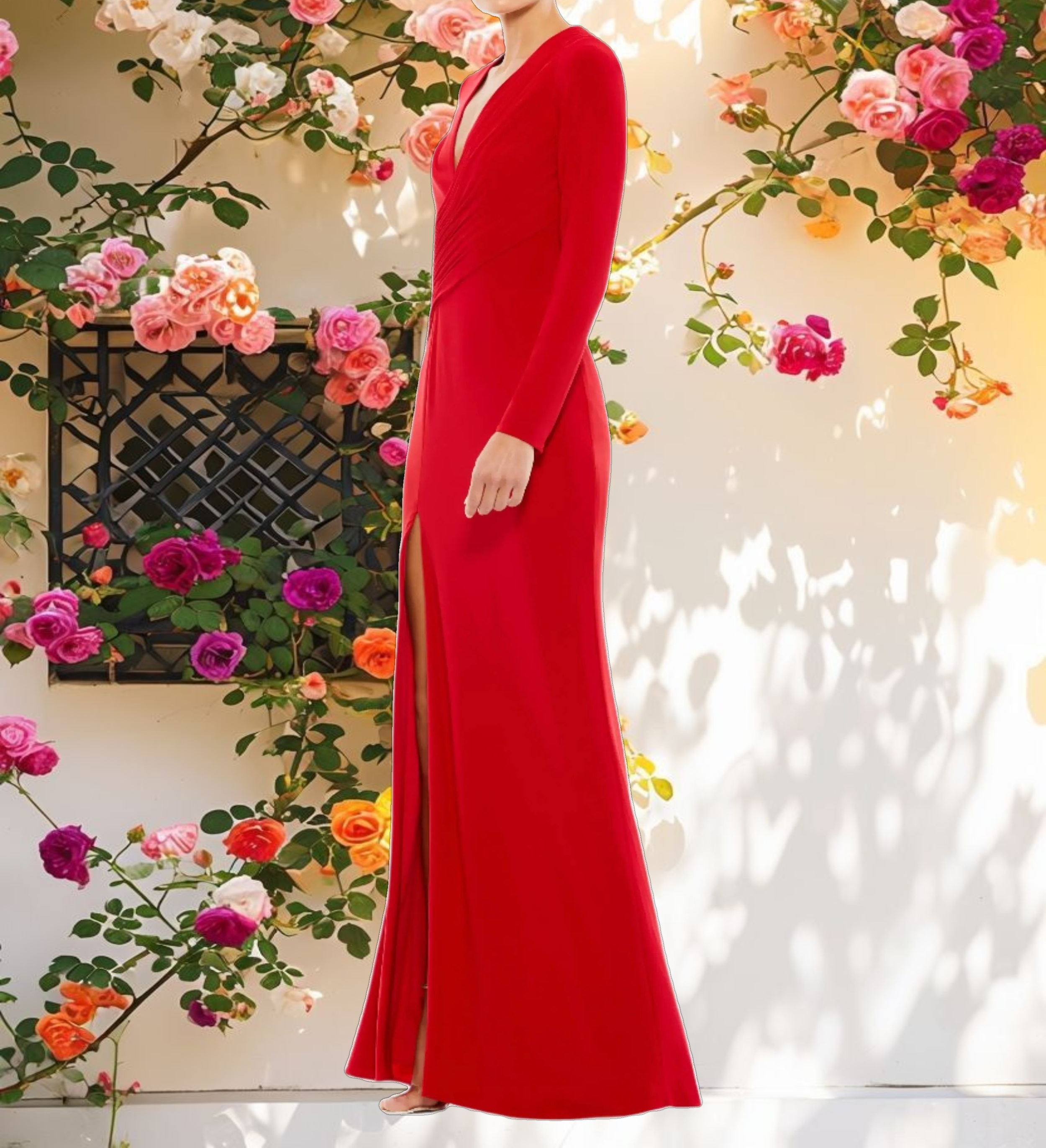 Red Long Sleeve Asymmetrical Ruched Dress