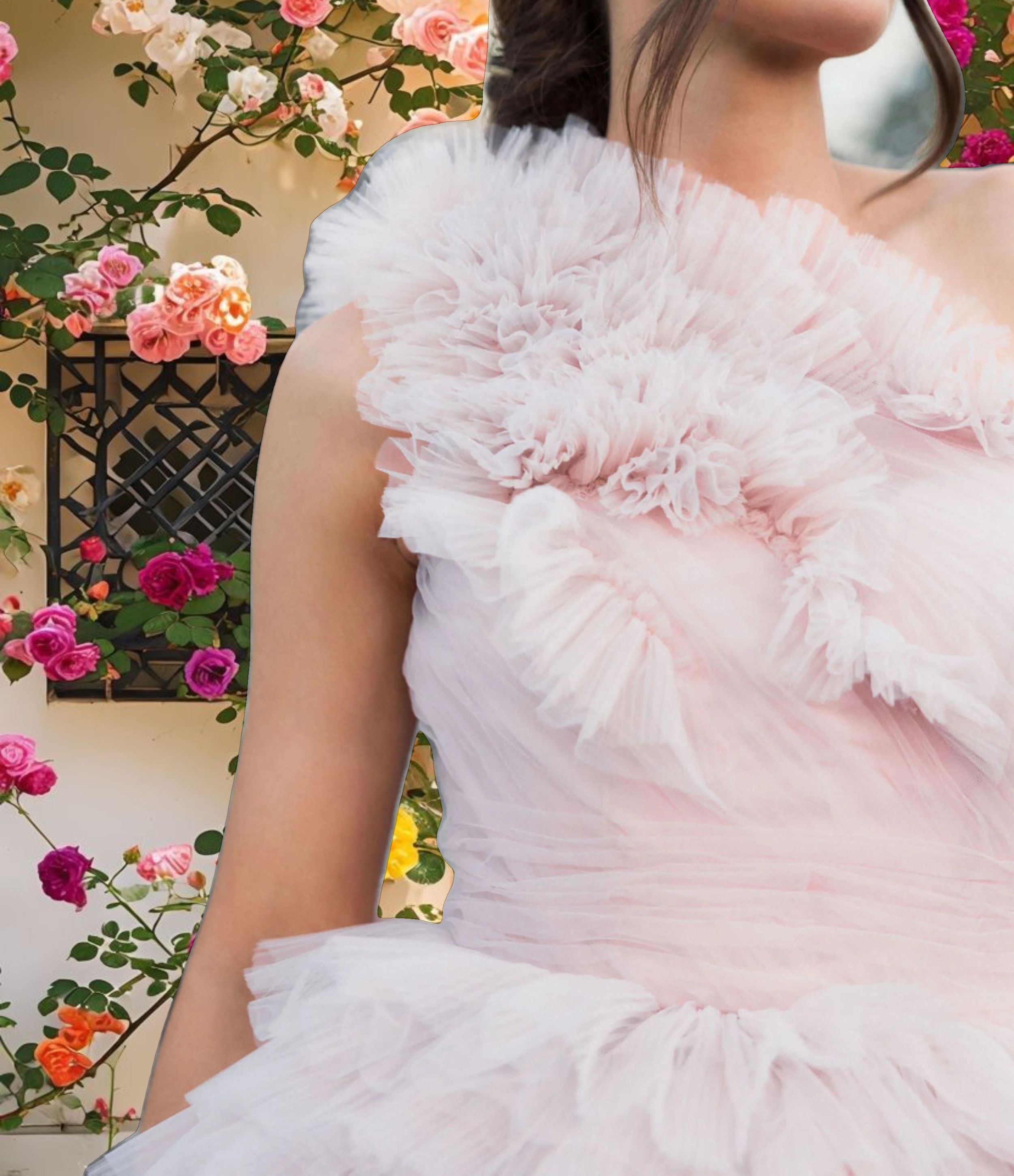 Pink Tulle Ruffle One Shoulder Mini Dress