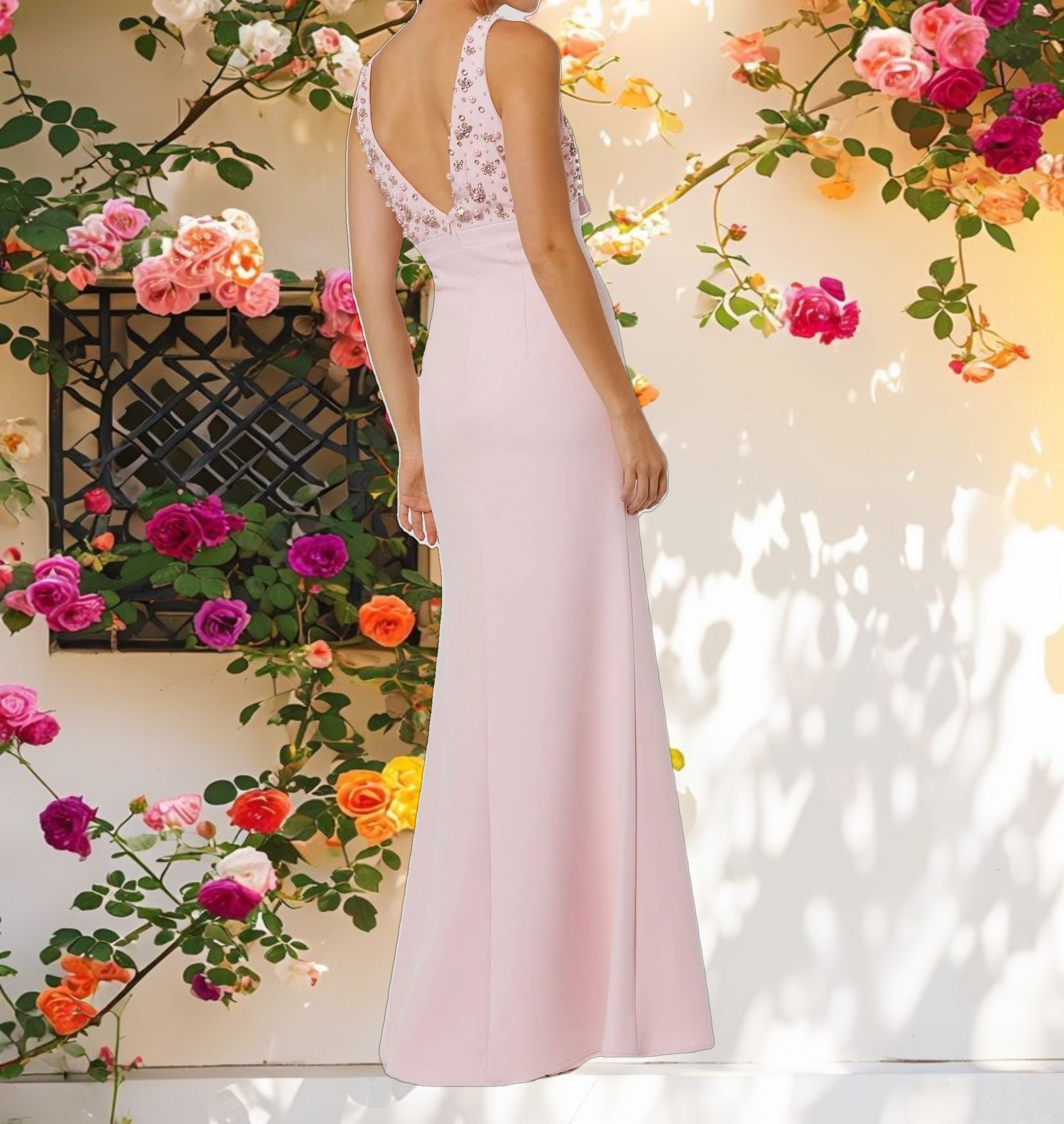 Pink Crepe Sleeveless Beaded V Neck Gown With Bow