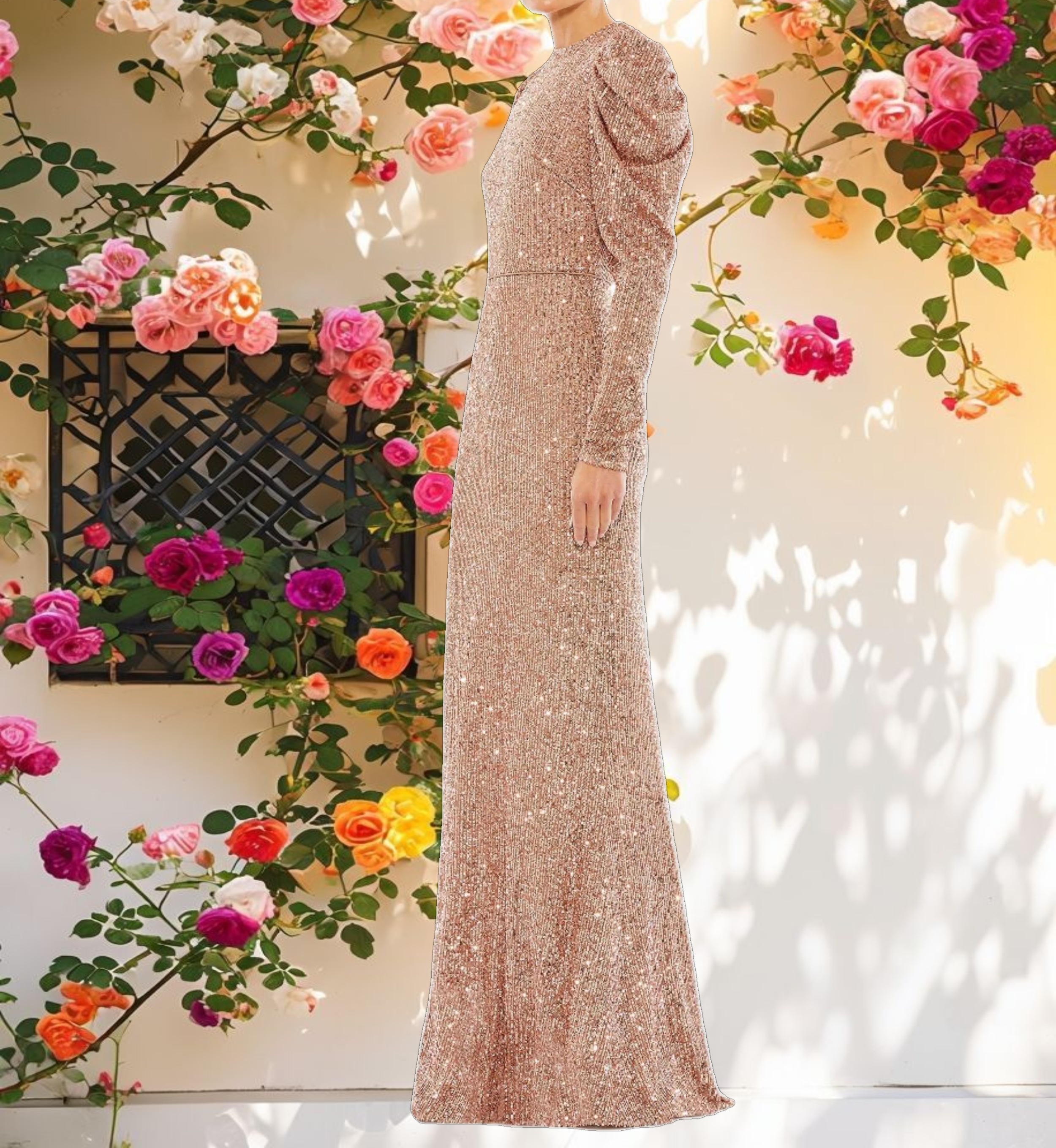 Pink Sequined High Neck Puff Long Sleeve Column Gown
