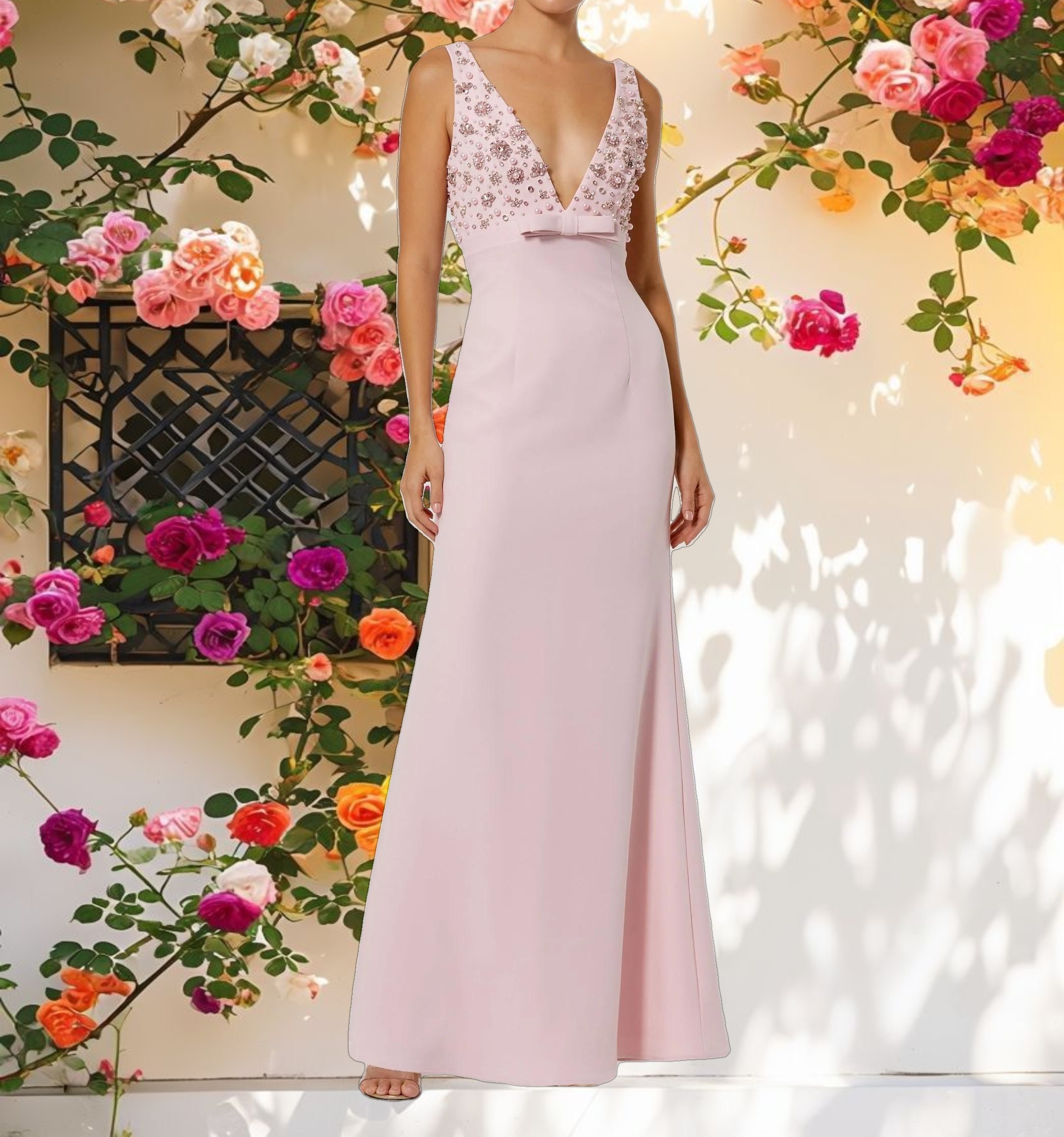 Pink Crepe Sleeveless Beaded V Neck Gown With Bow