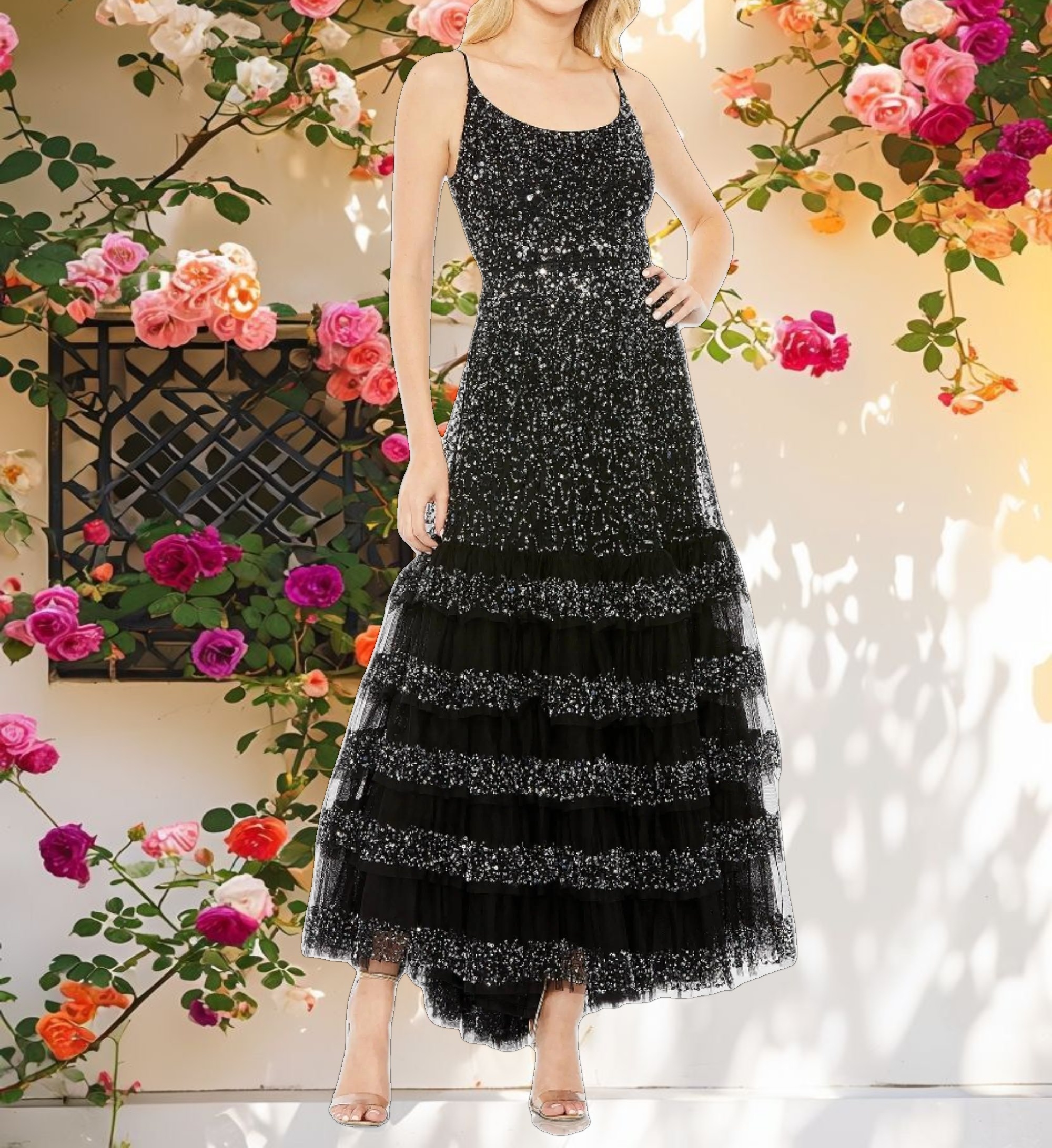 Embellished Scoop Neck Tiered Gown