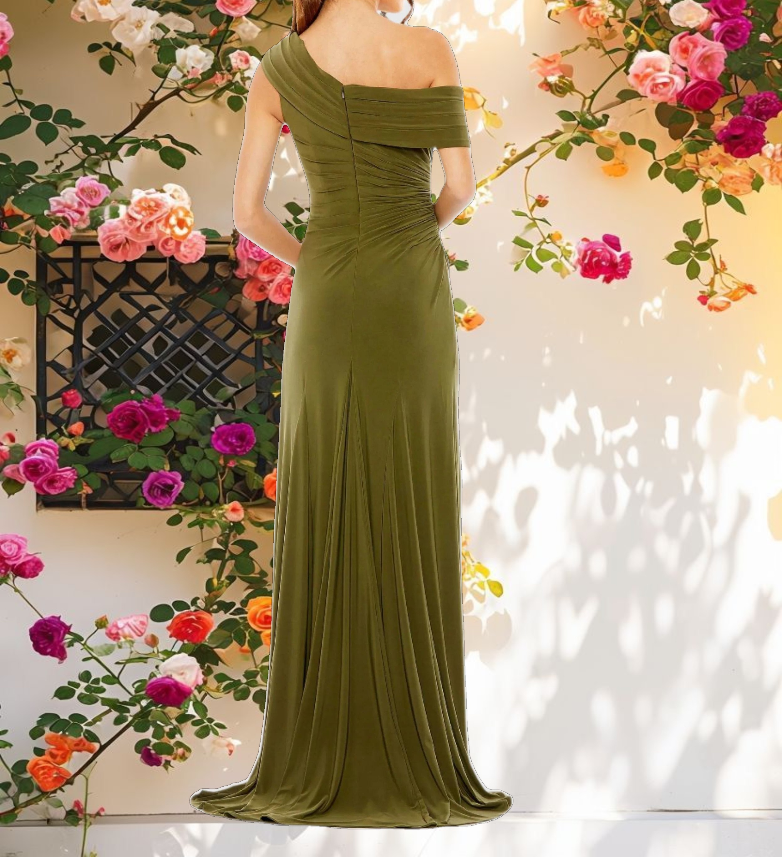 Green Foldover Off-the-Shoulder Slit Gown