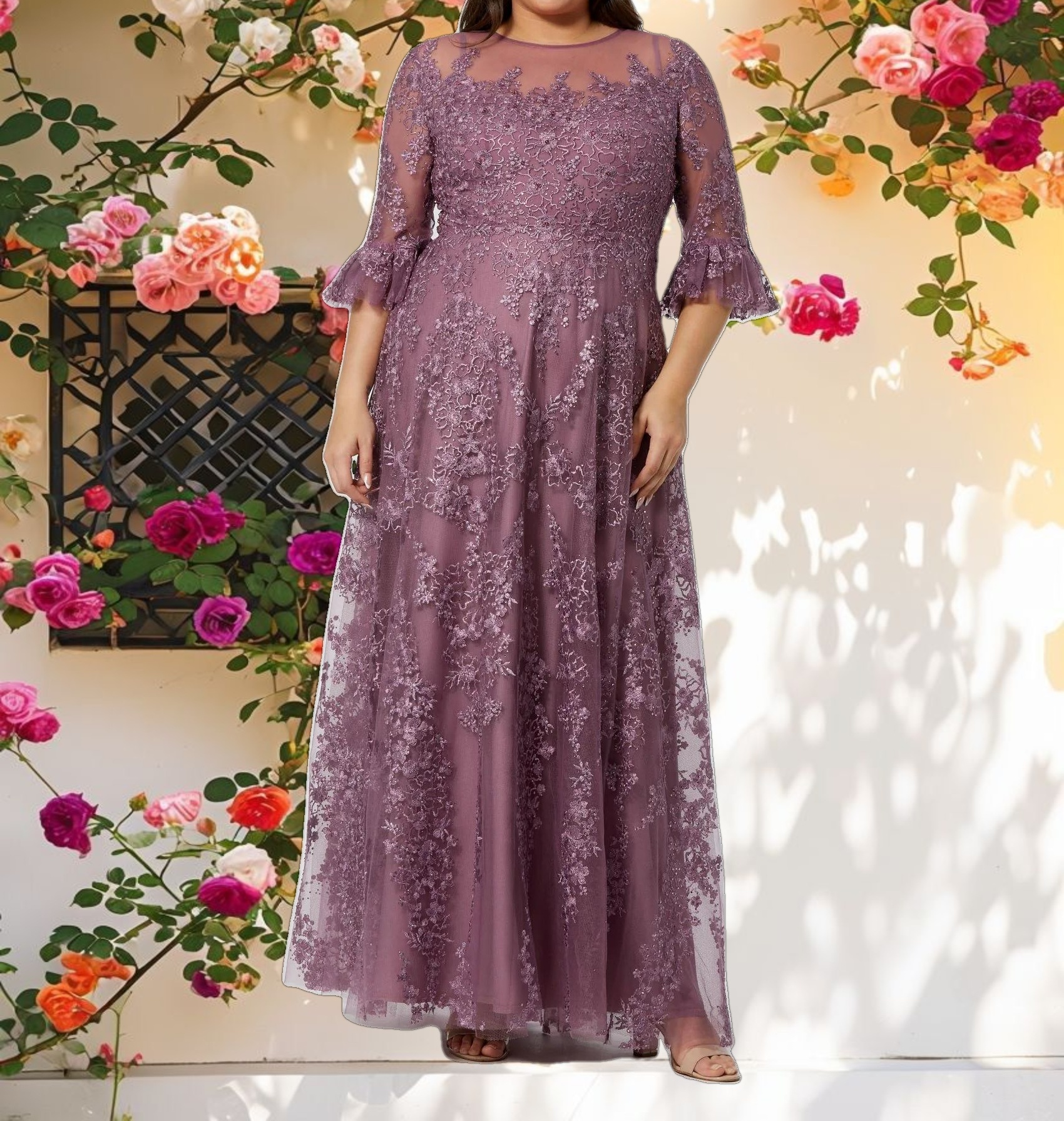 Purple High Neck Flutter Sleeve Embroidered A Line Gown