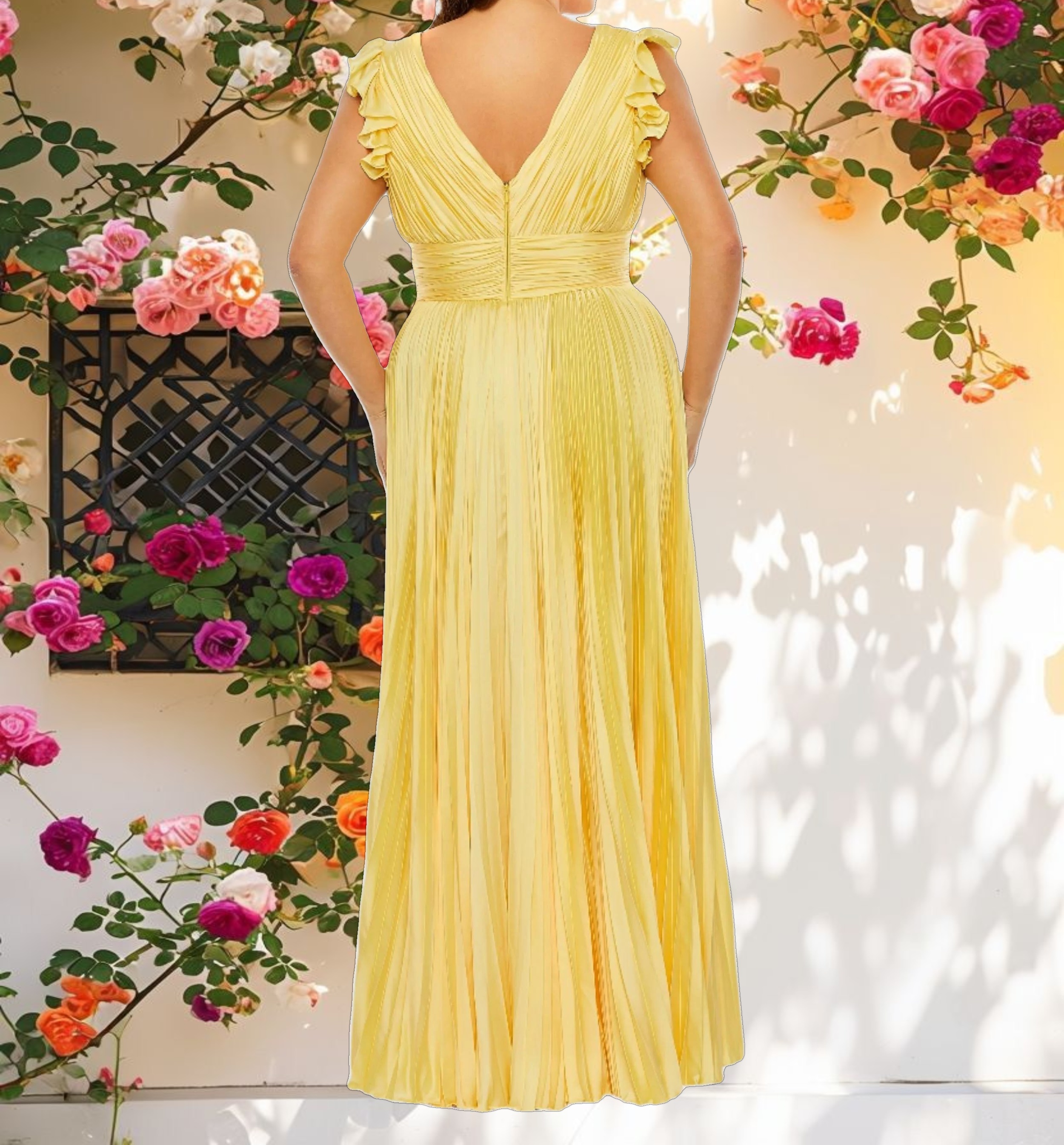 Yellow Flutter Sleeve Pleated V Neck Gown