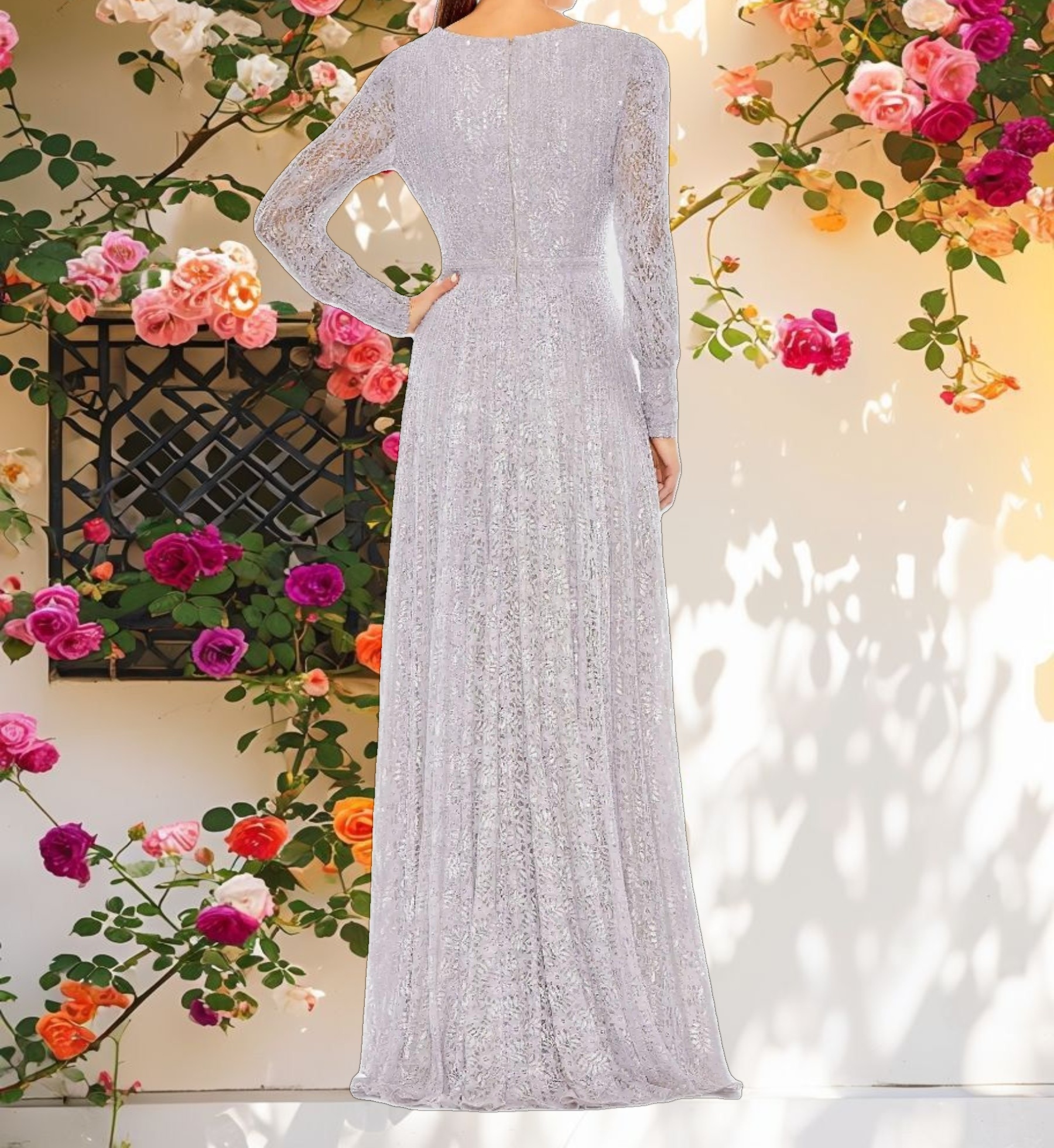 Purple Beaded Lace Long Sleeve Wrap Over Gown