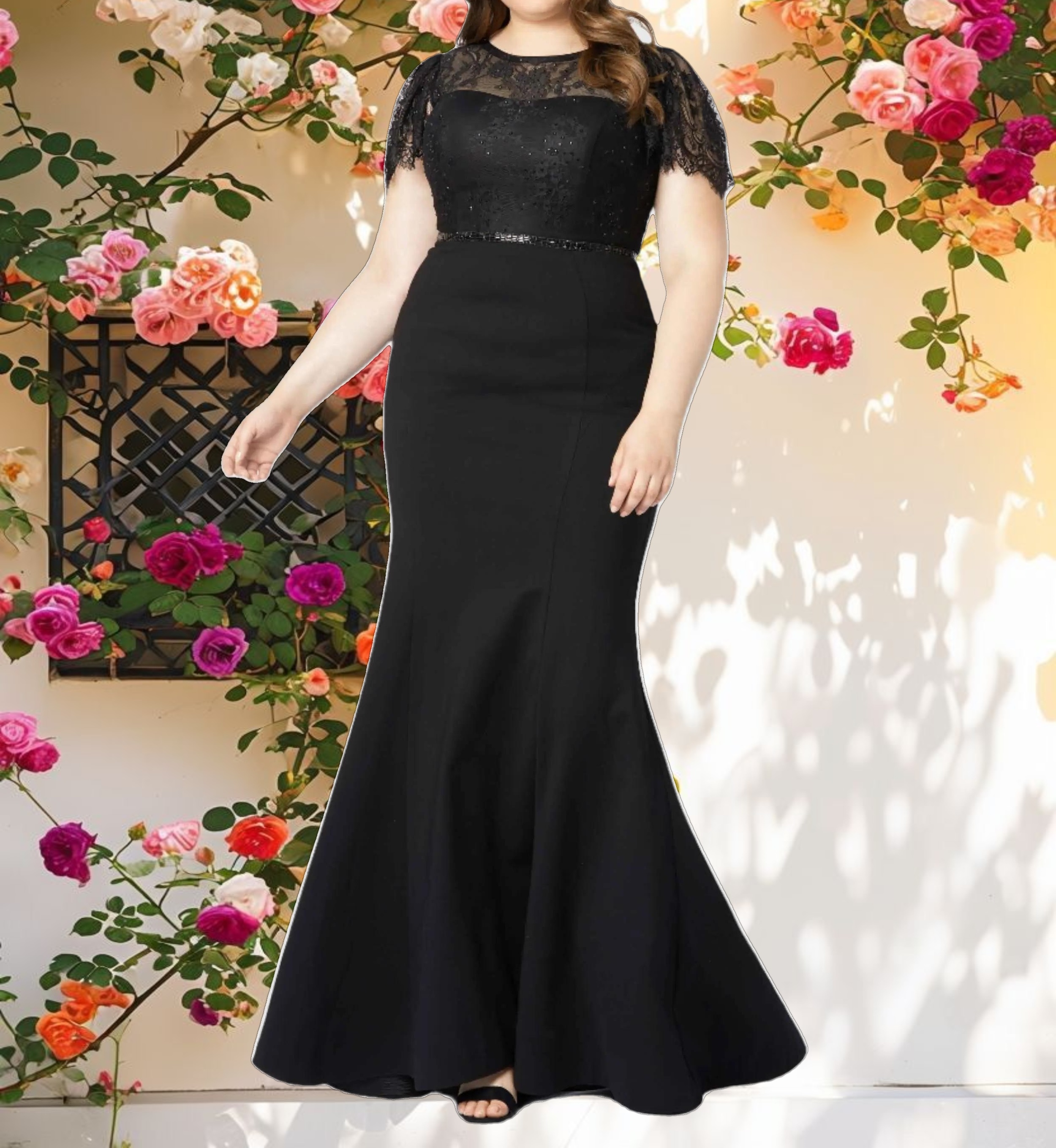 Lace Illusion High Neck Cap Sleeve Gown