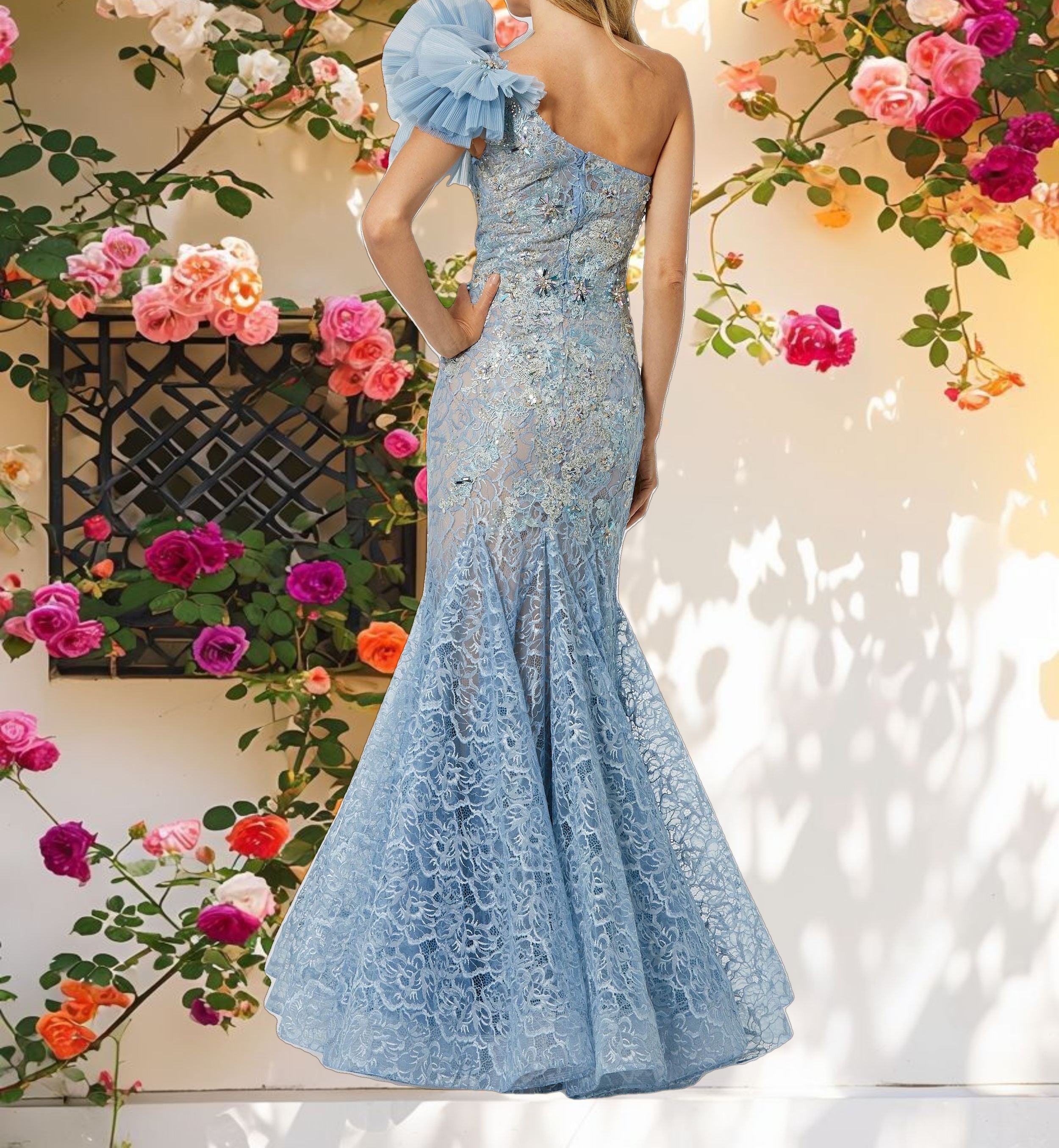 Blue Embellished Tulle Flower Detail Mermaid Gown