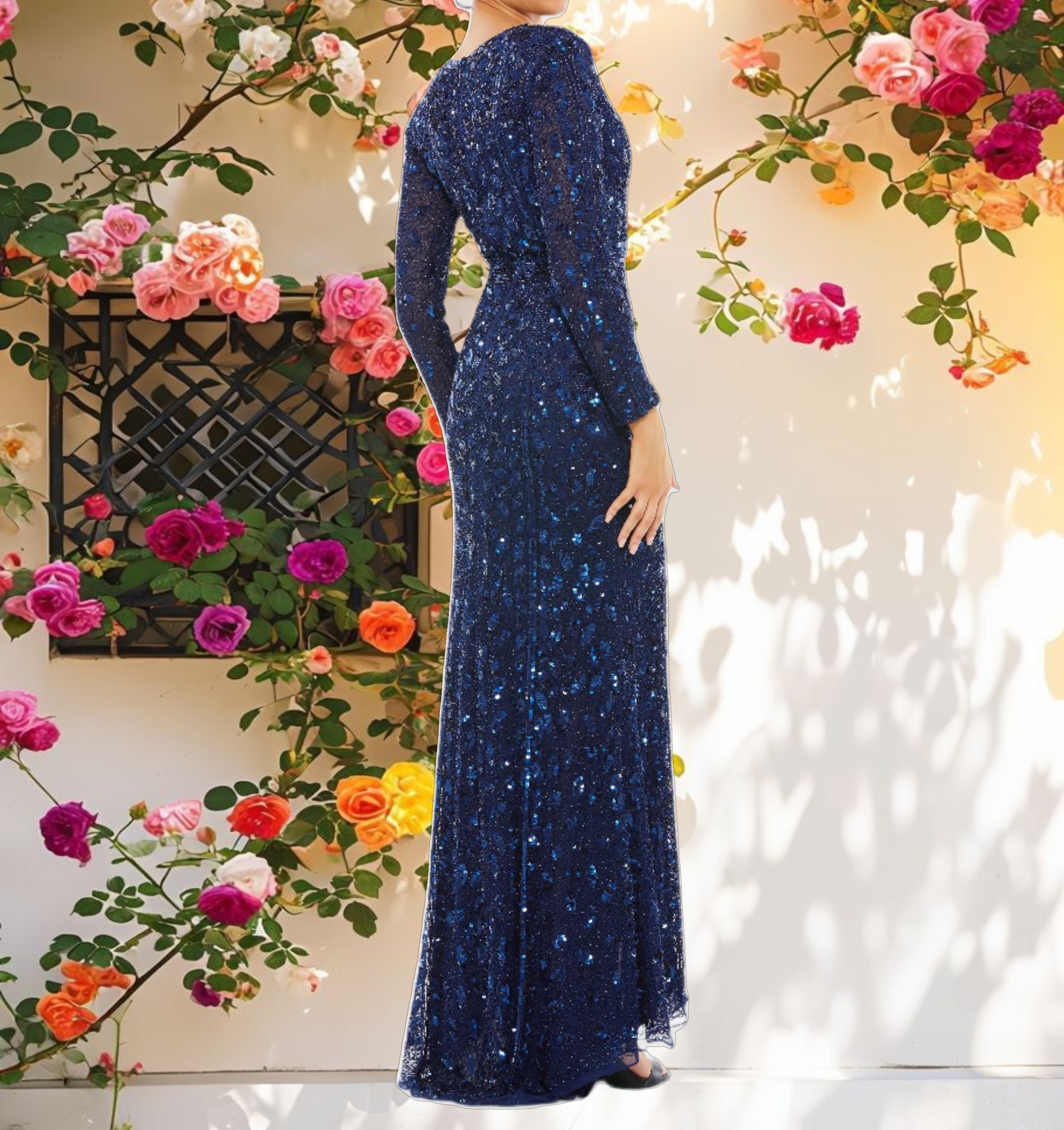 Embellished Front Slit Long Sleeve Gown