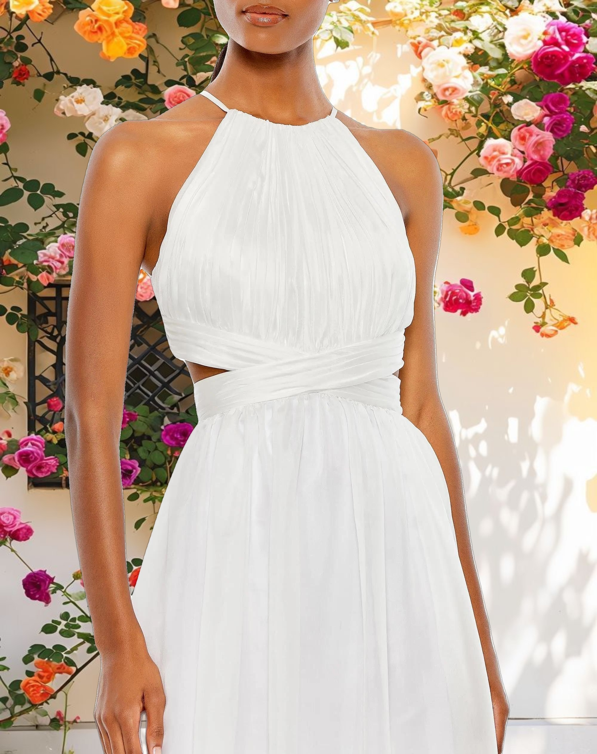 White Pleated Criss Cross Cut Out Halter Neck Gown