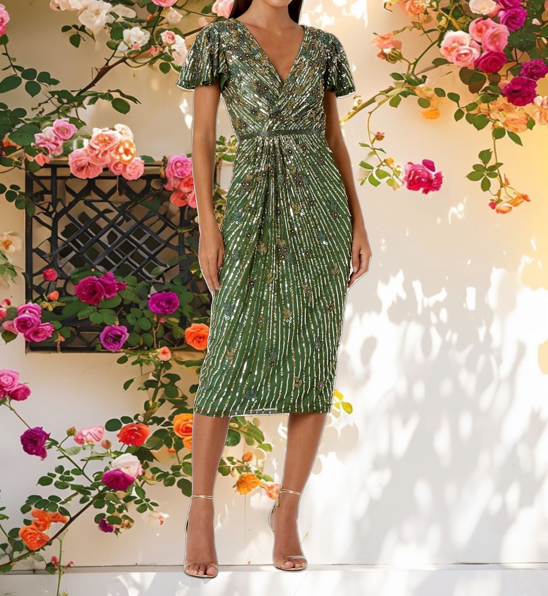 Stitched Fake Wrap Flute Sleeve Dress