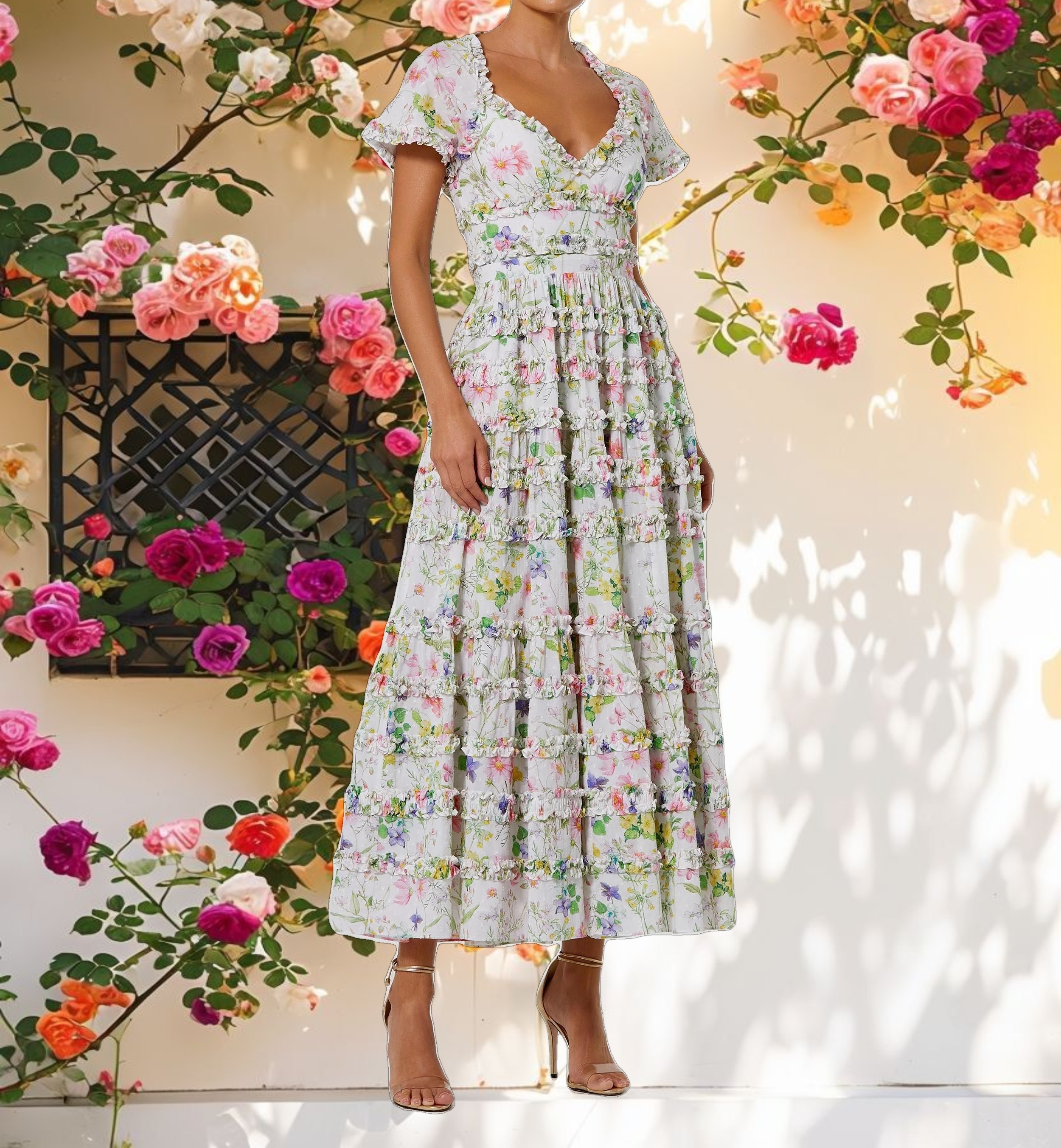 White Floral Ruffle Open Back Cotton Midi Dress