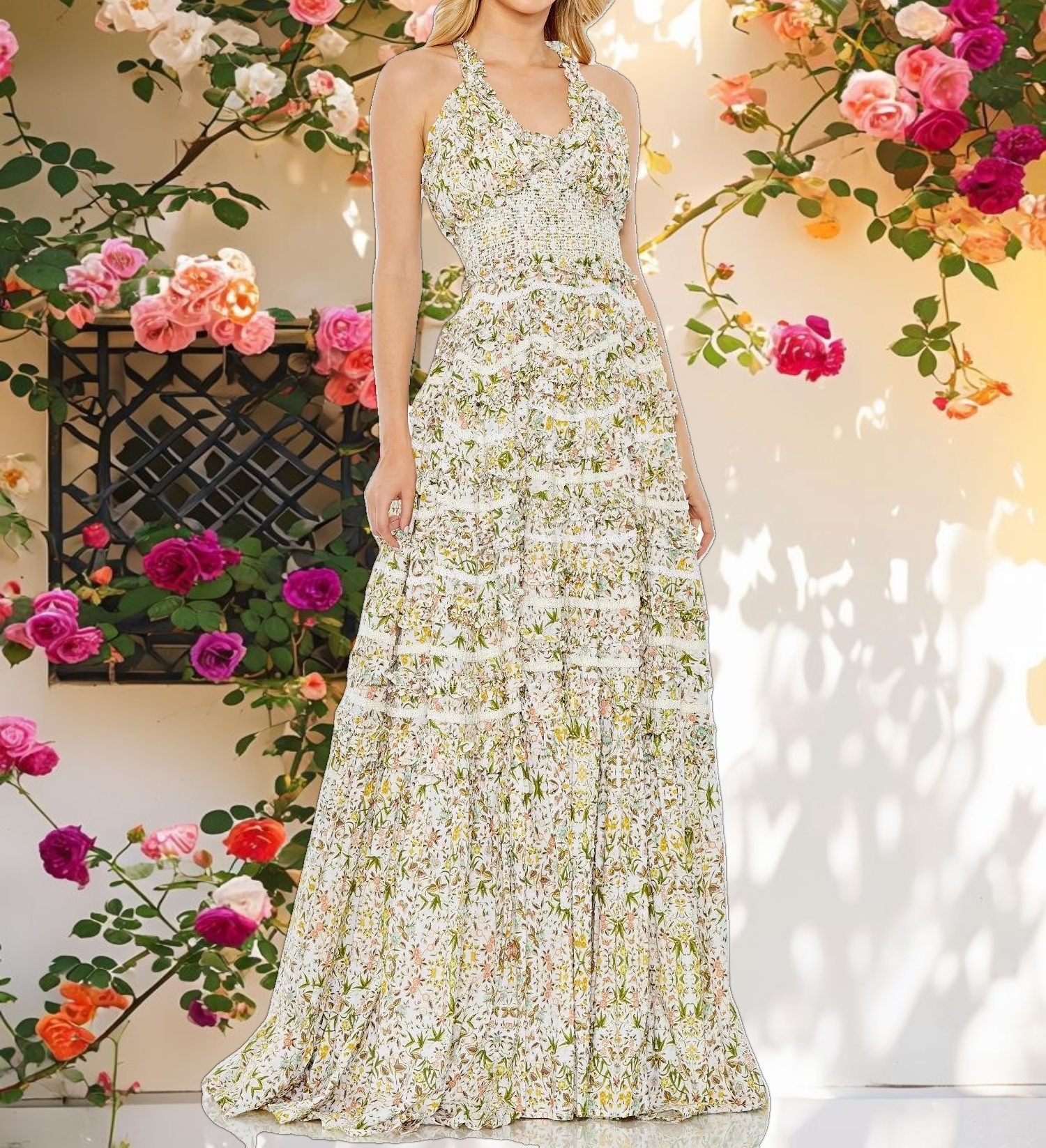 Floral Cross Back Ruffle Smock Gown