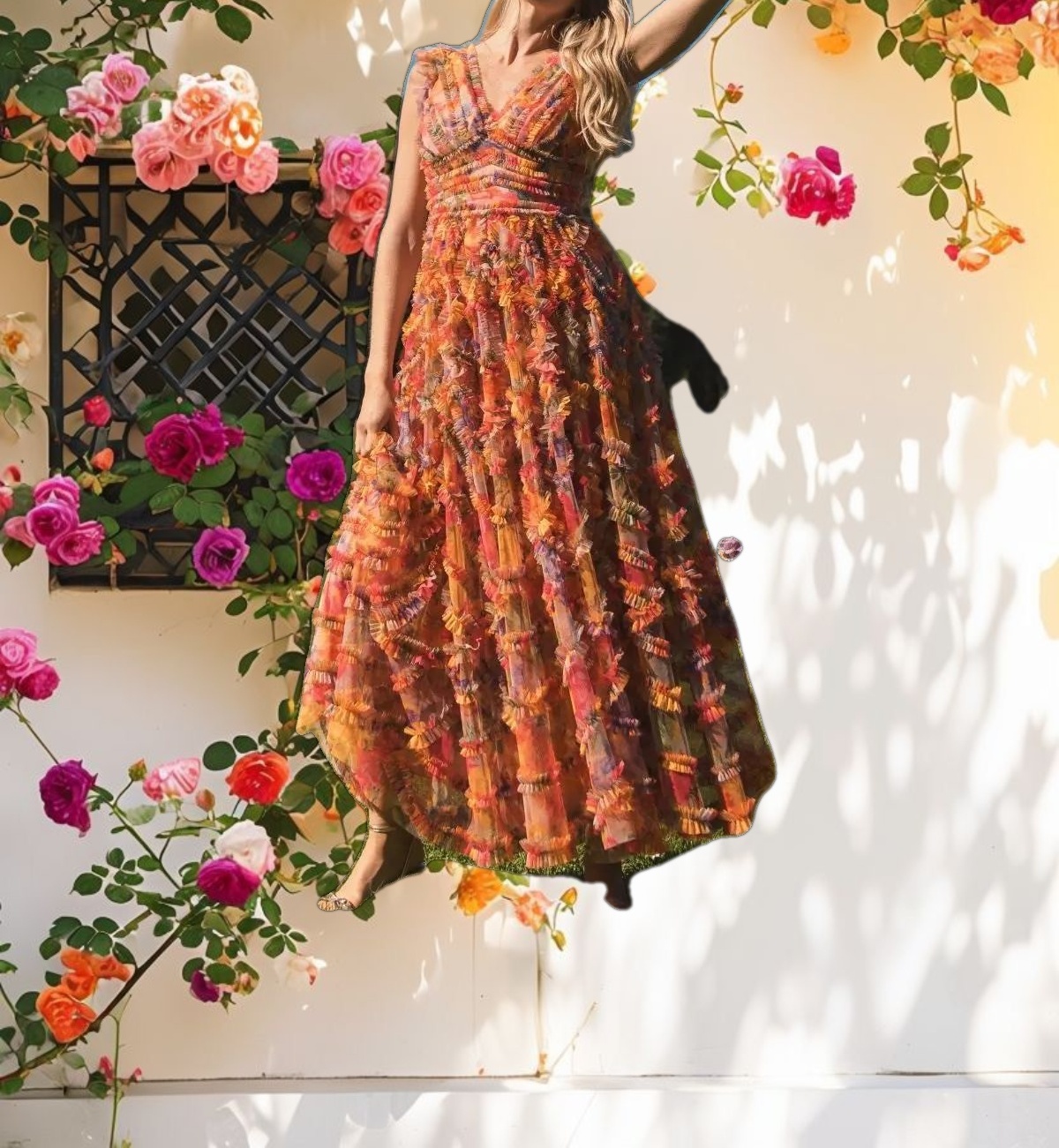 Multi Color Floral Mesh V Neck Dress