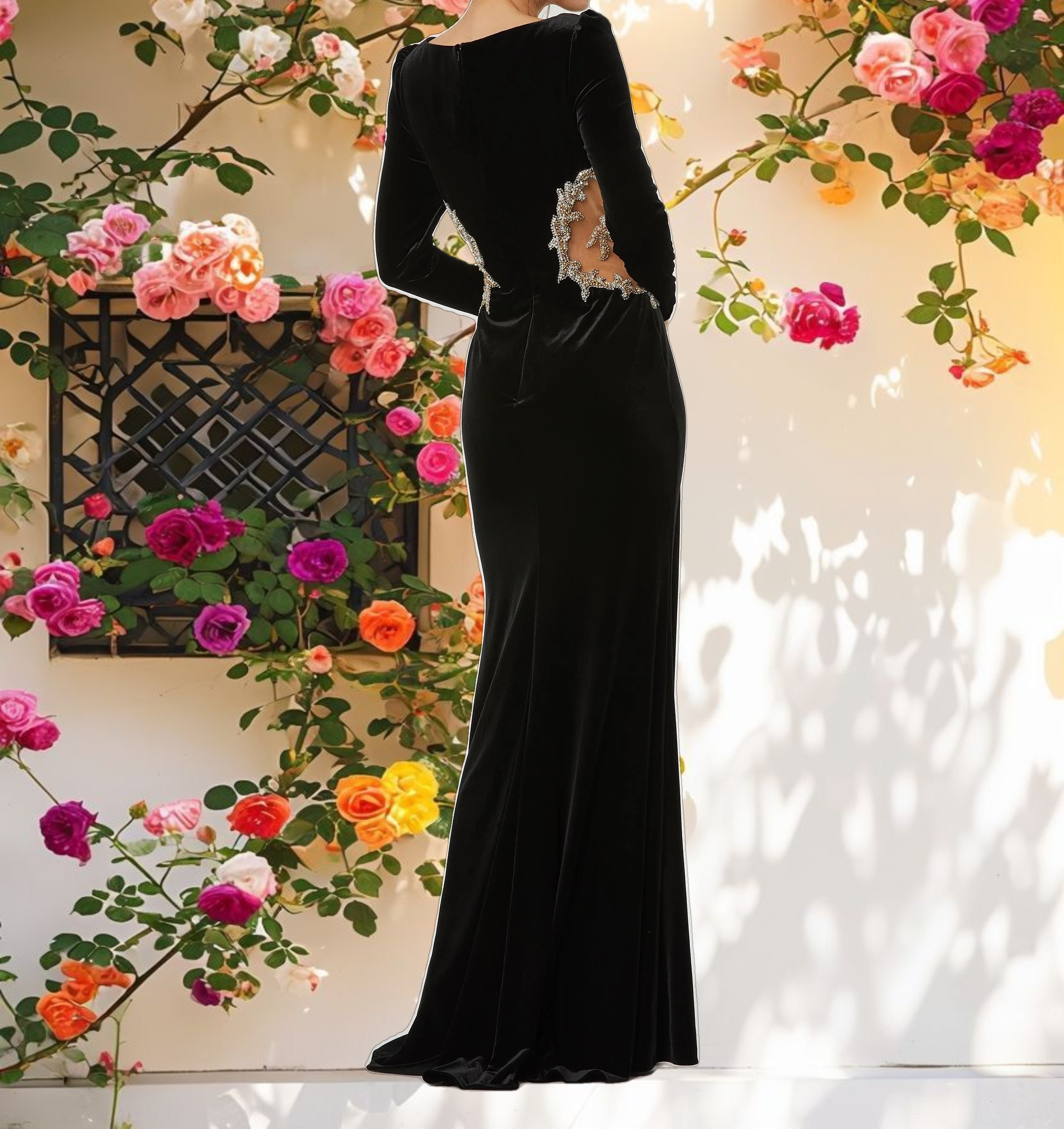 Long Draped Sleeve Sheer Embellished Detail Gown