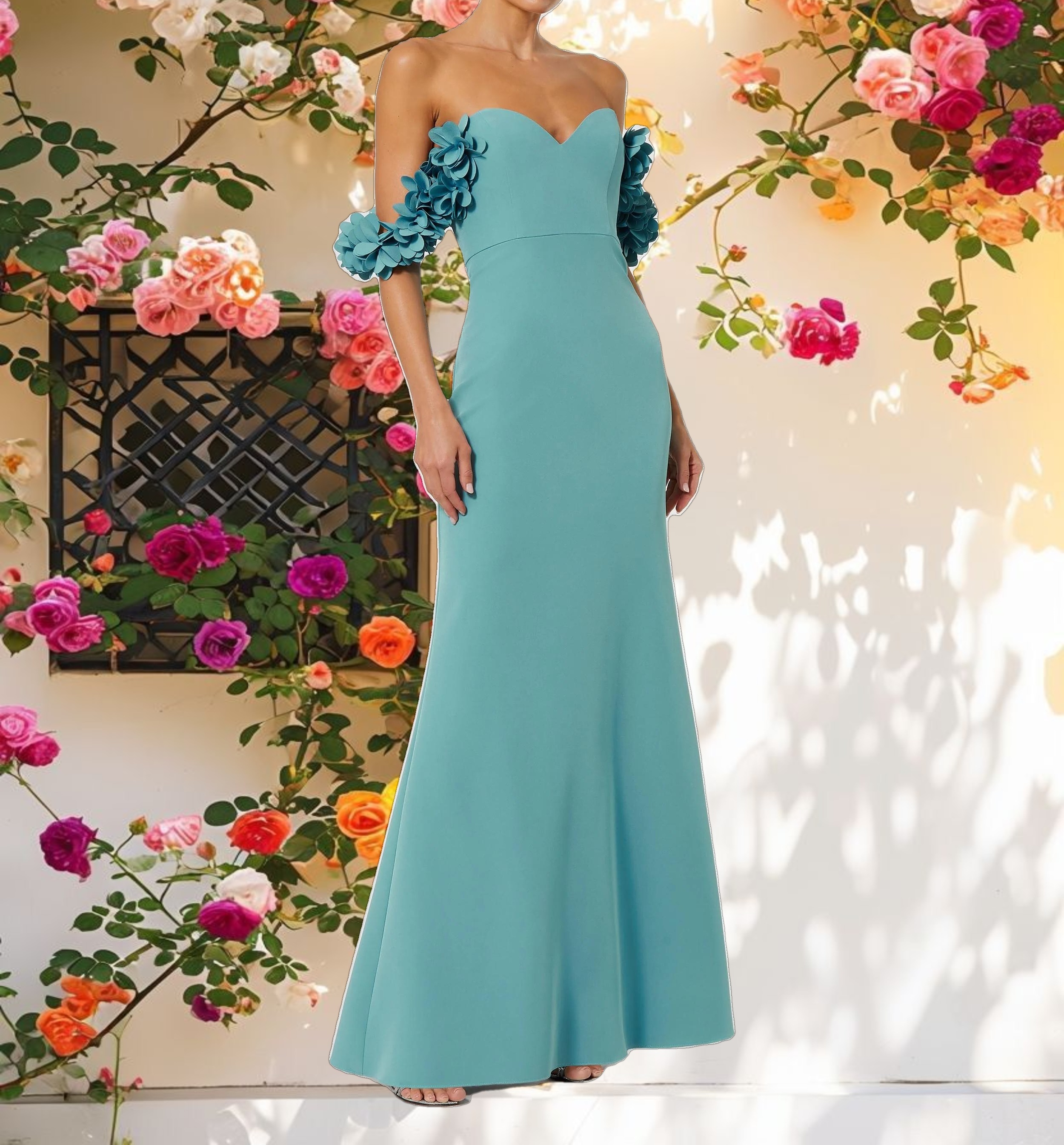 Pink Crepe Off The Shoulder Dress With 3D Flowers