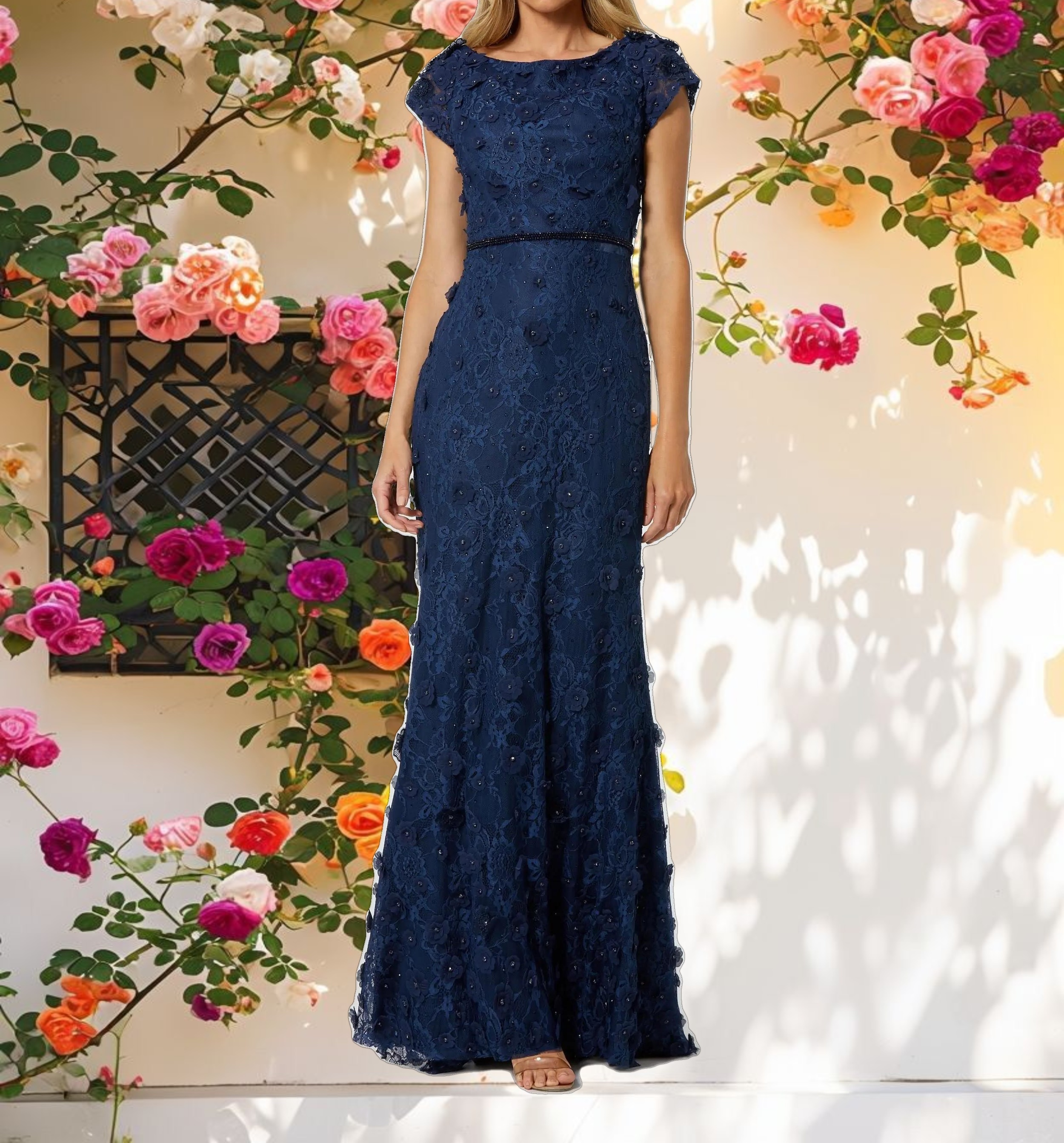 Floral Applique Boat Neck Short Sleeve Gown