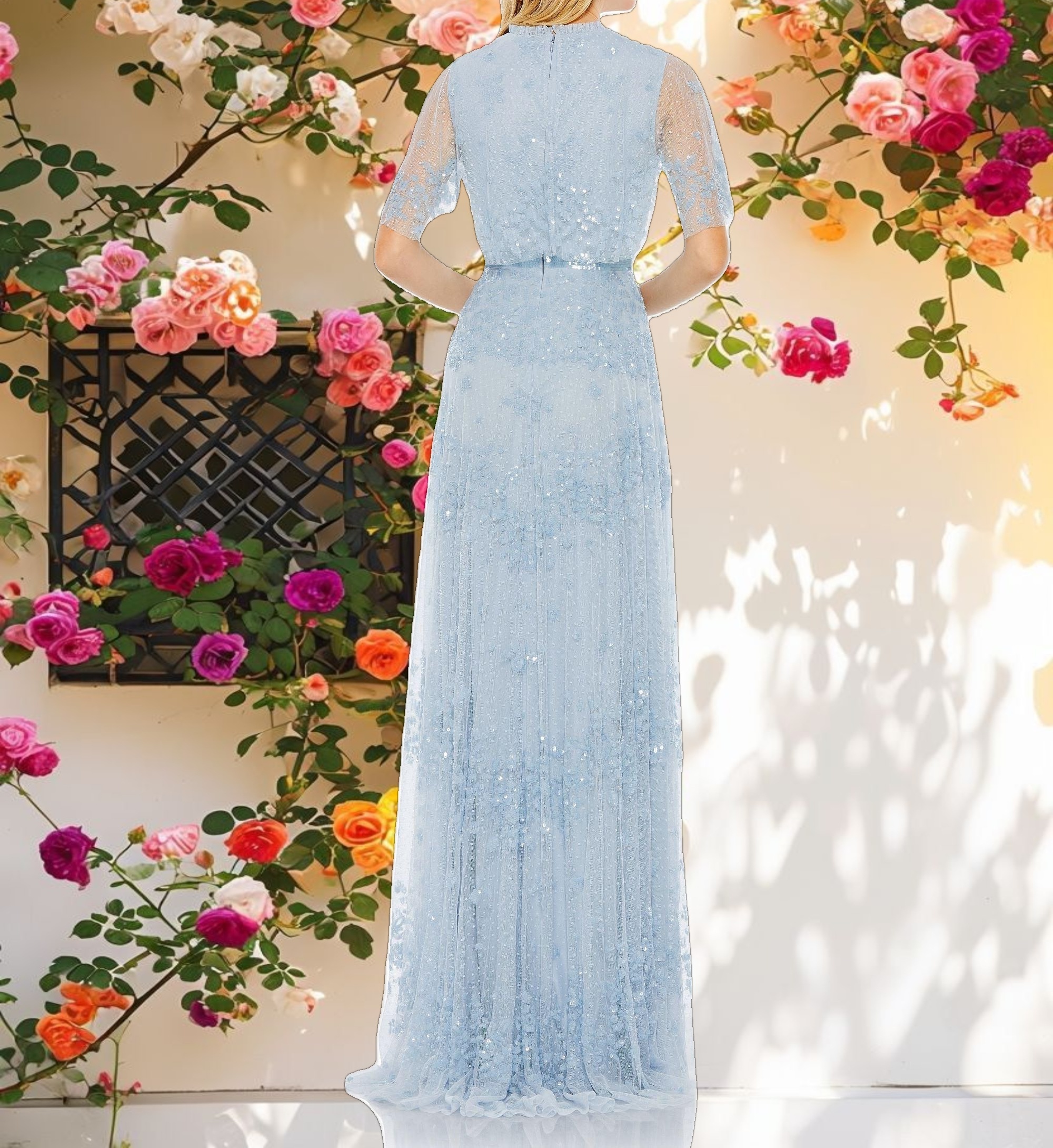 Blue Sequined High Neck Flutter Sleeve A Line Gown