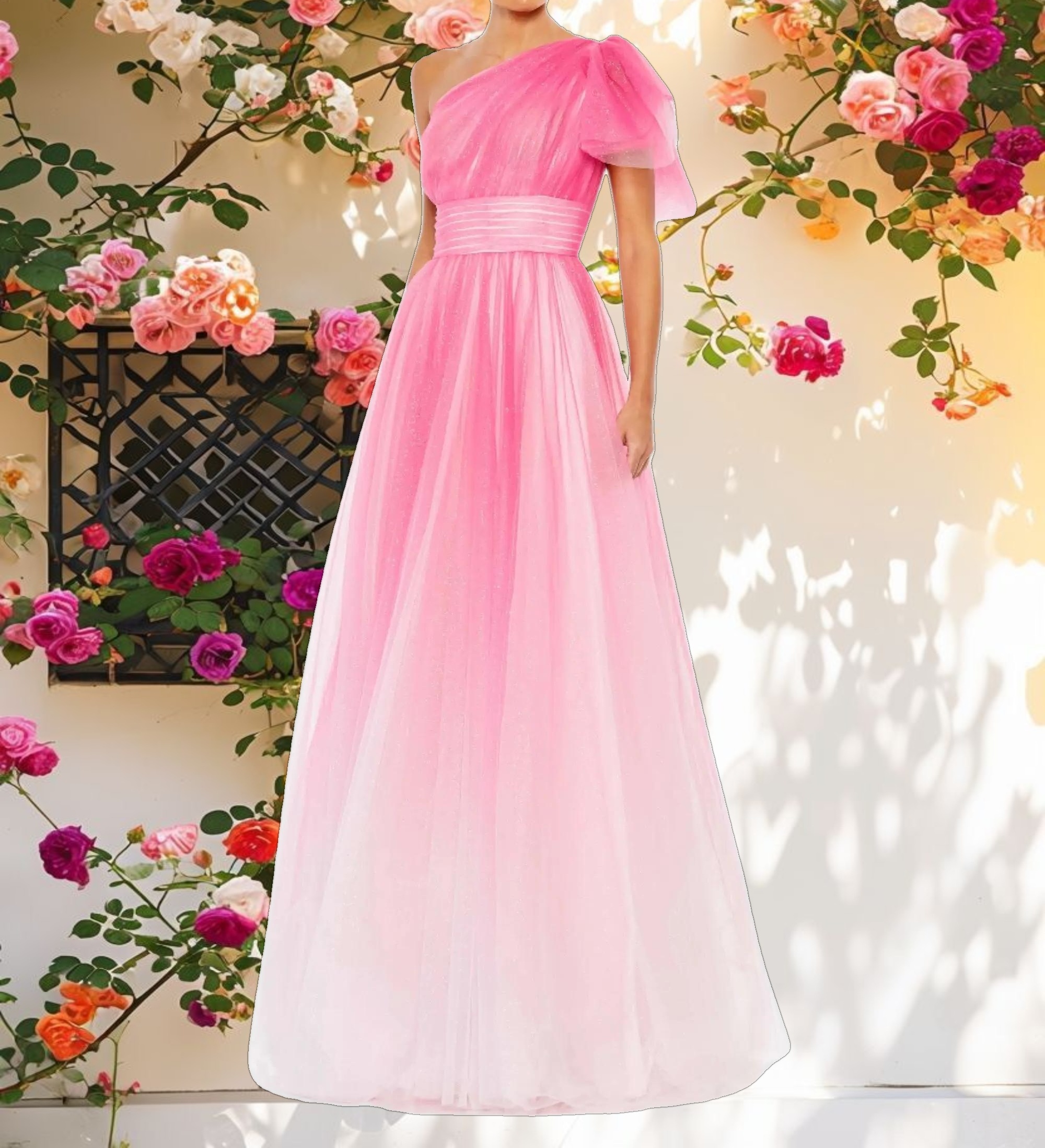 Sparkling Gradient Ruffled Off-Shoulder Gown