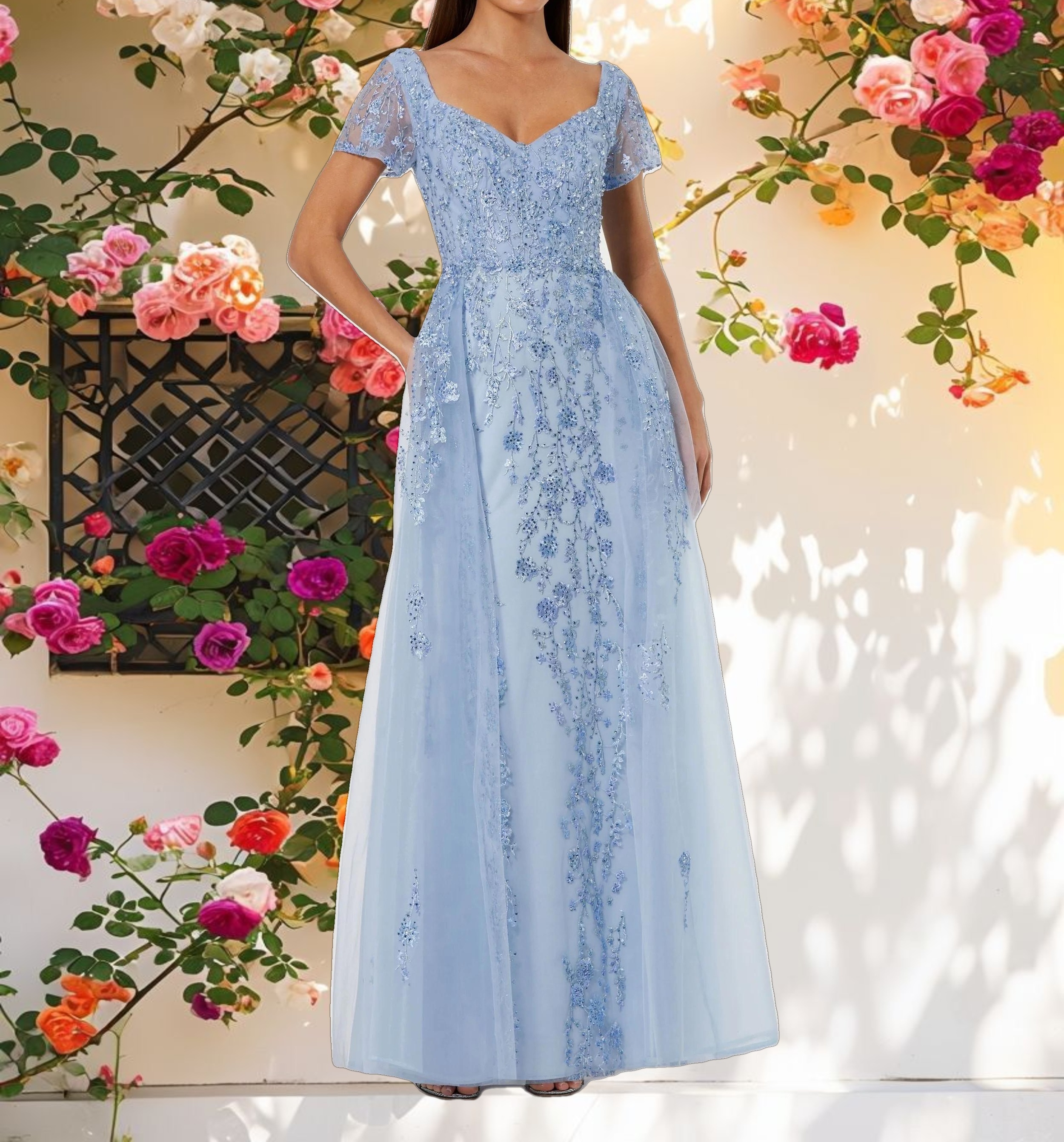 Blue Cap Sleeve Beaded Embroidered Overskirt Gown