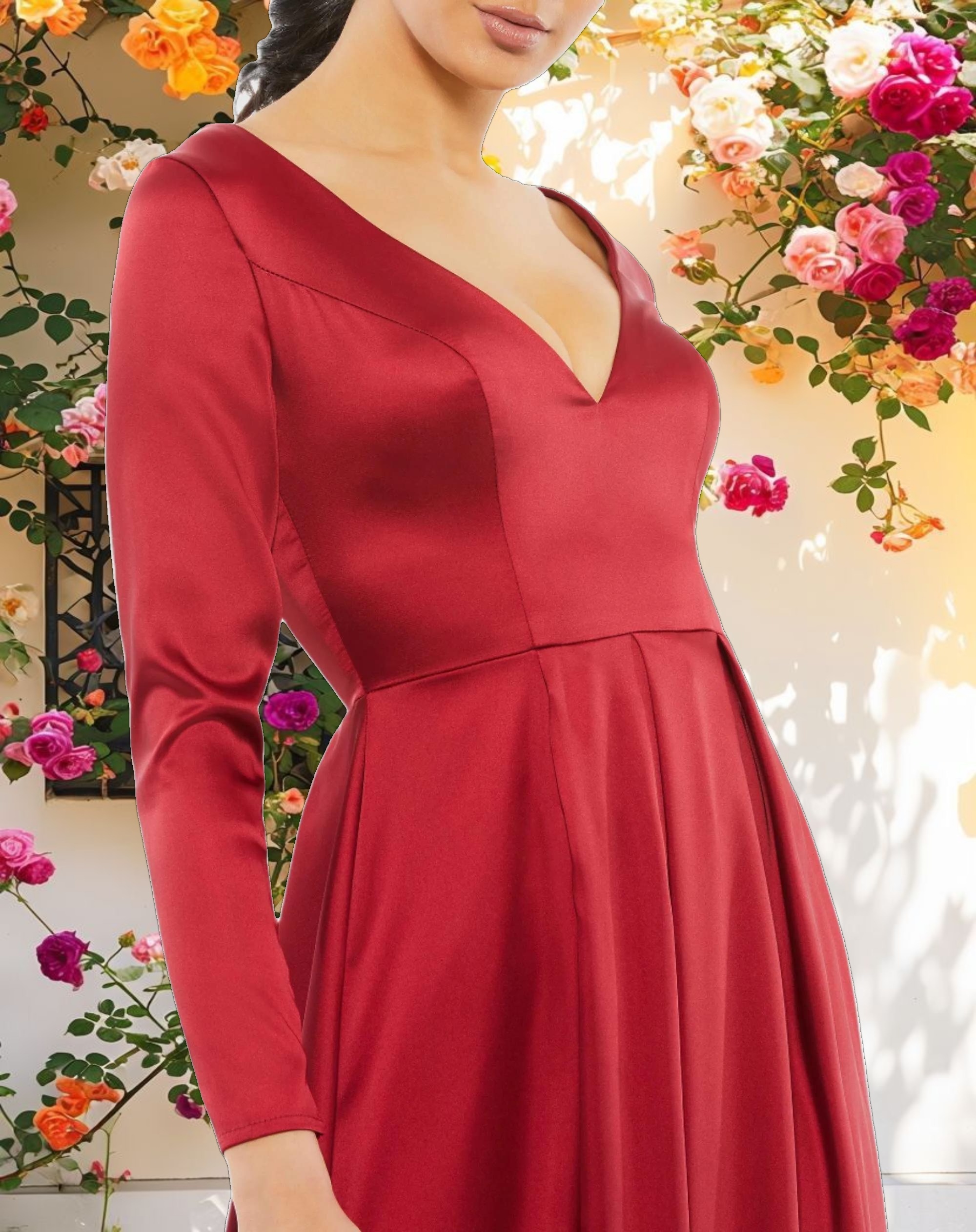 Red Satin V Neck Long Sleeve Pleated Gown