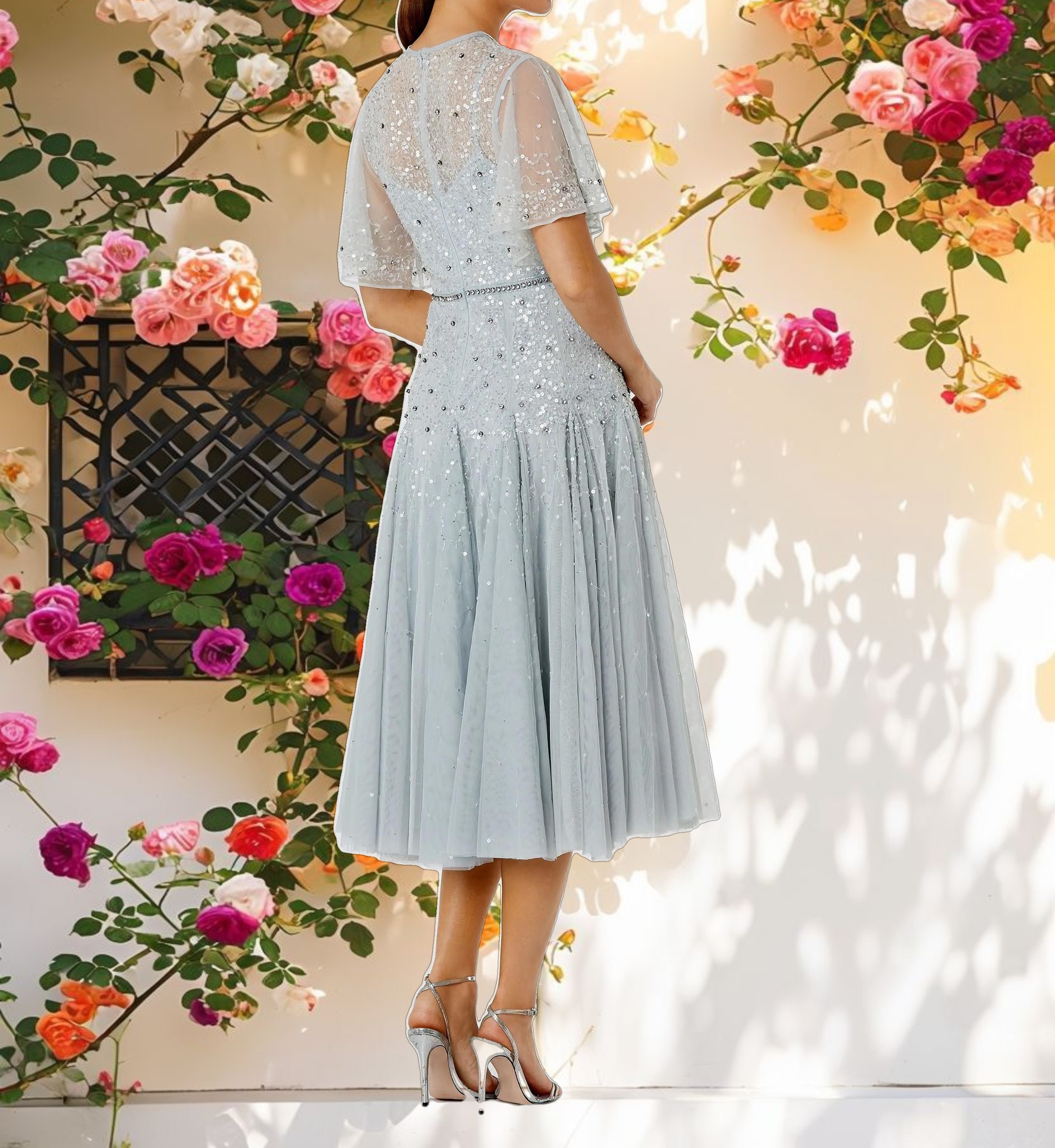 Blue Cape Sleeve Beaded Tea Length A line Dress