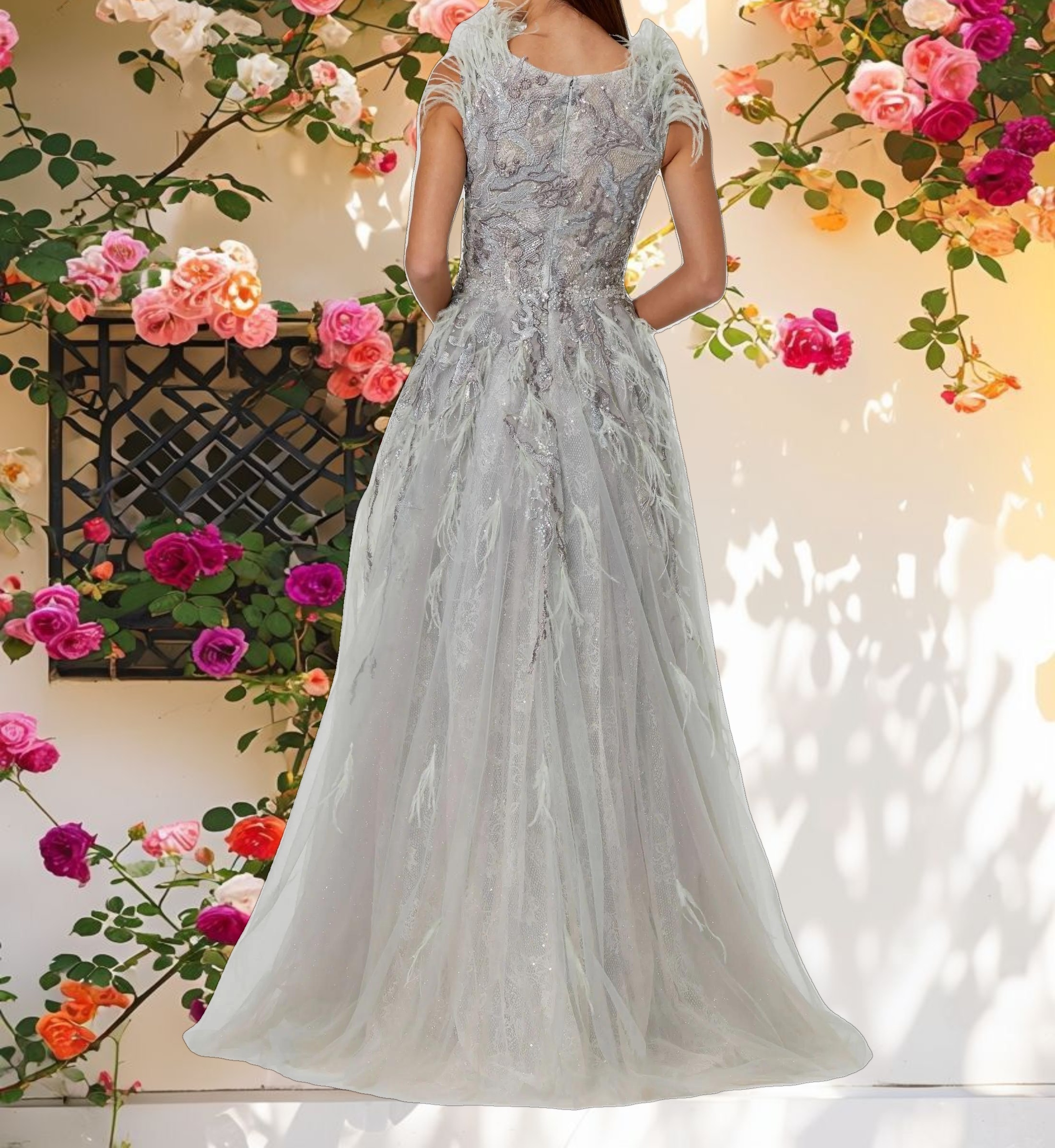 Green Embellished Feathered Sleeveless A Line Gown