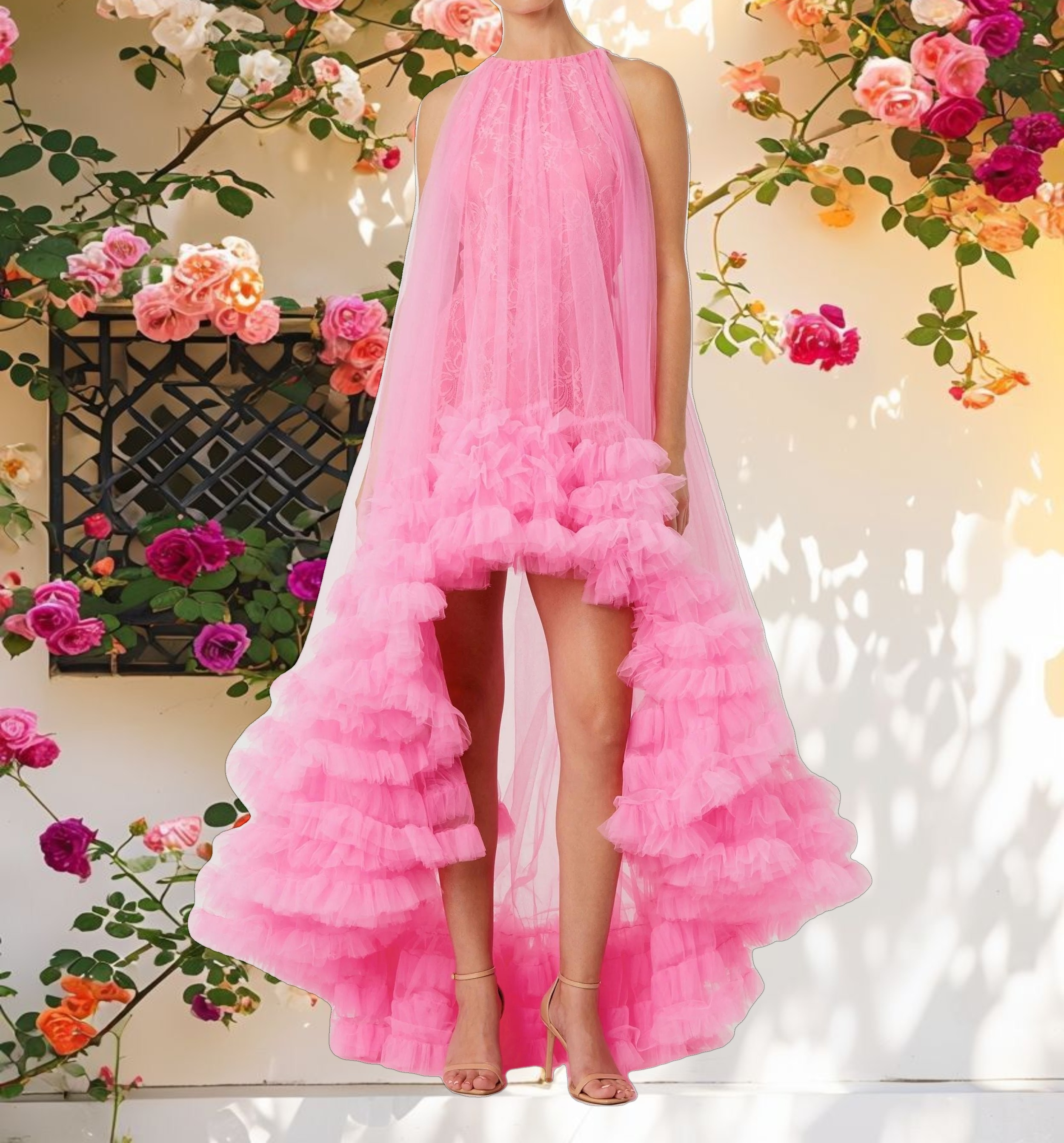 Pink Tulle High Neck Sleeveless Ruffled Hem Hi Low Gown