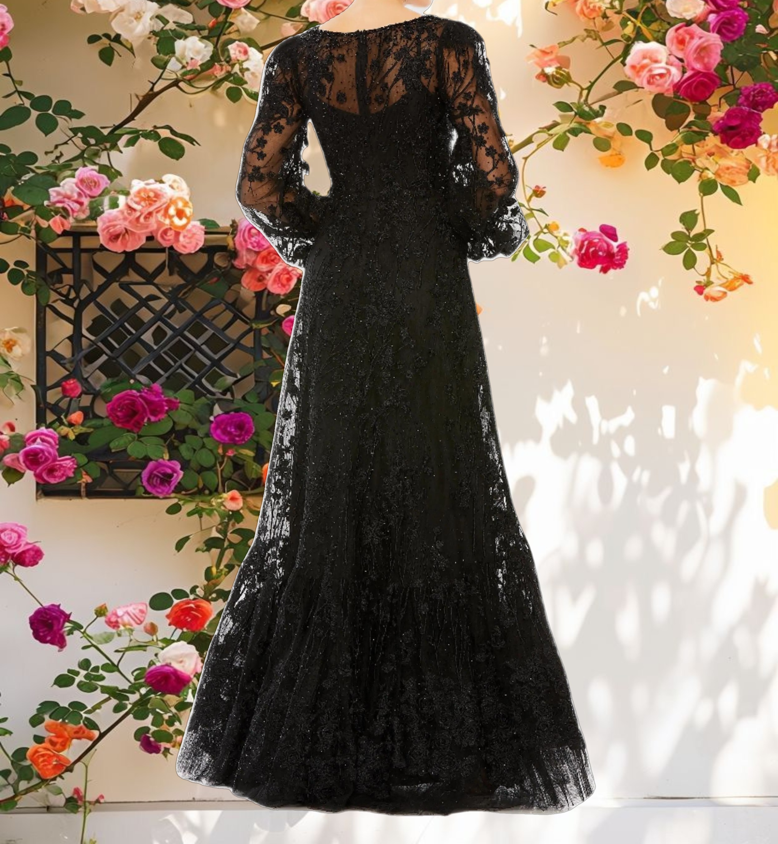 Black Puff Sleeve A Line Embroidered Gown