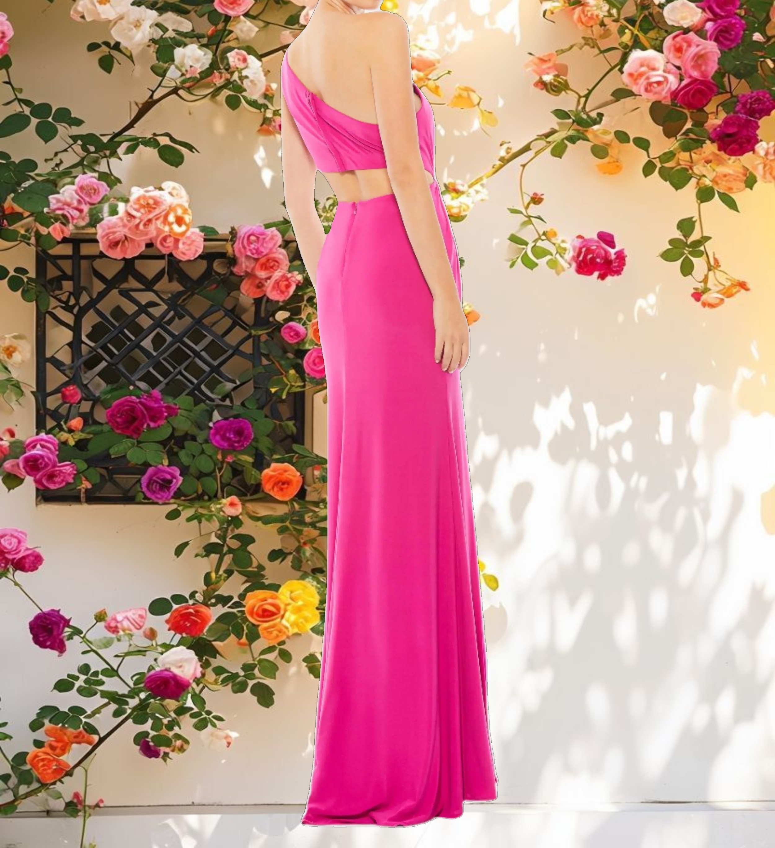 Pink One Shoulder Ruched Cut Out Jersey Gown