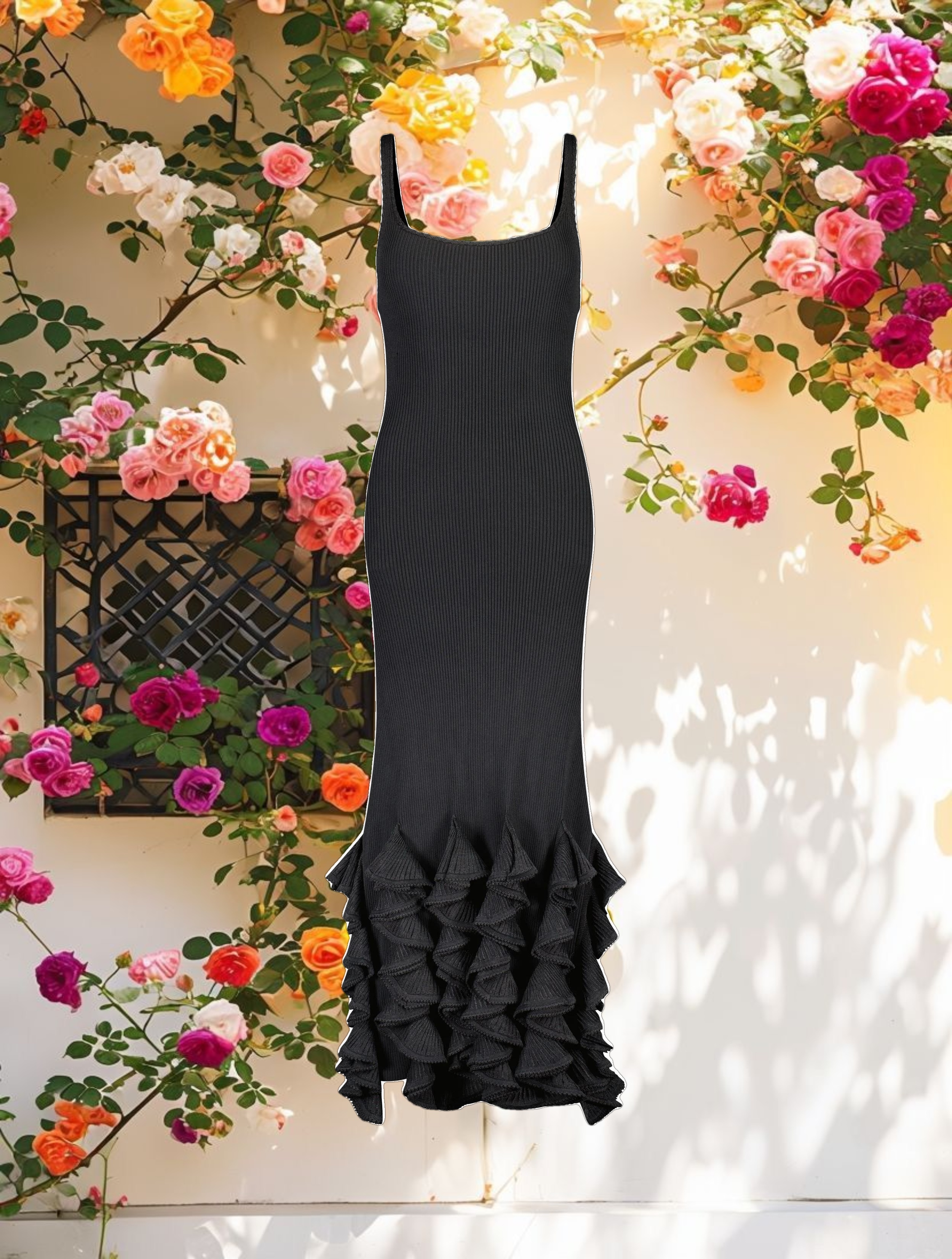 Black Rib Knit Sleeveless Midi Dress With Ruffle Hem