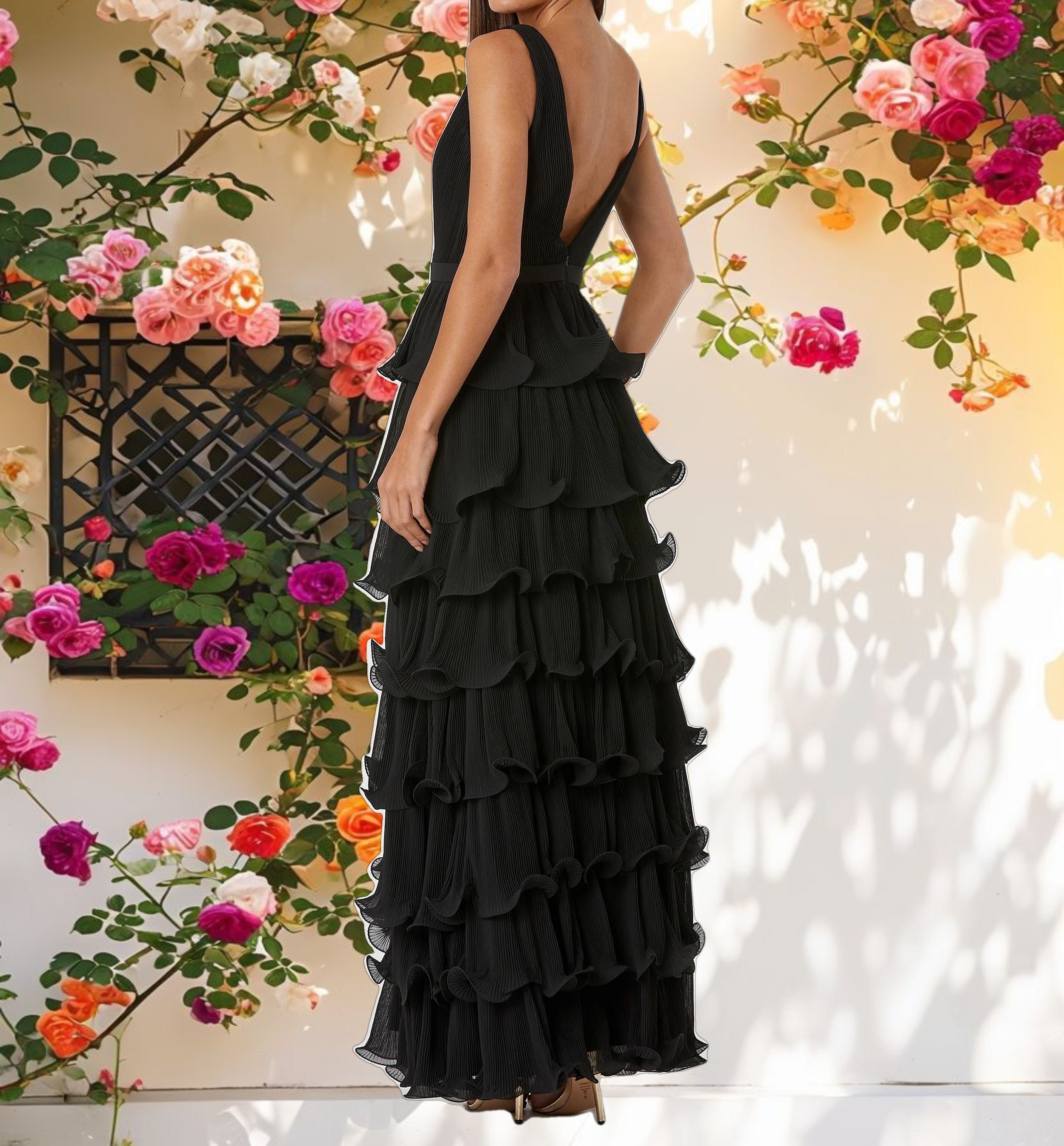 Black Sleeveless Ruffle Tiered V Neck Gown